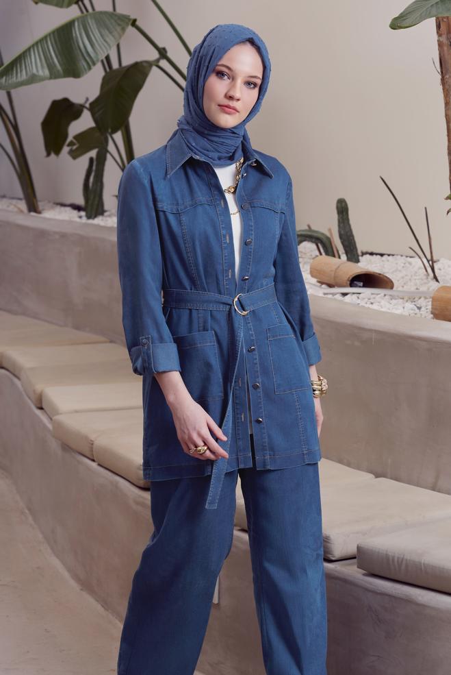 Vêtements hijab BLEU COSTUME PANTALON EN DENIM CEINTURÉ 45515 - ALVİNA