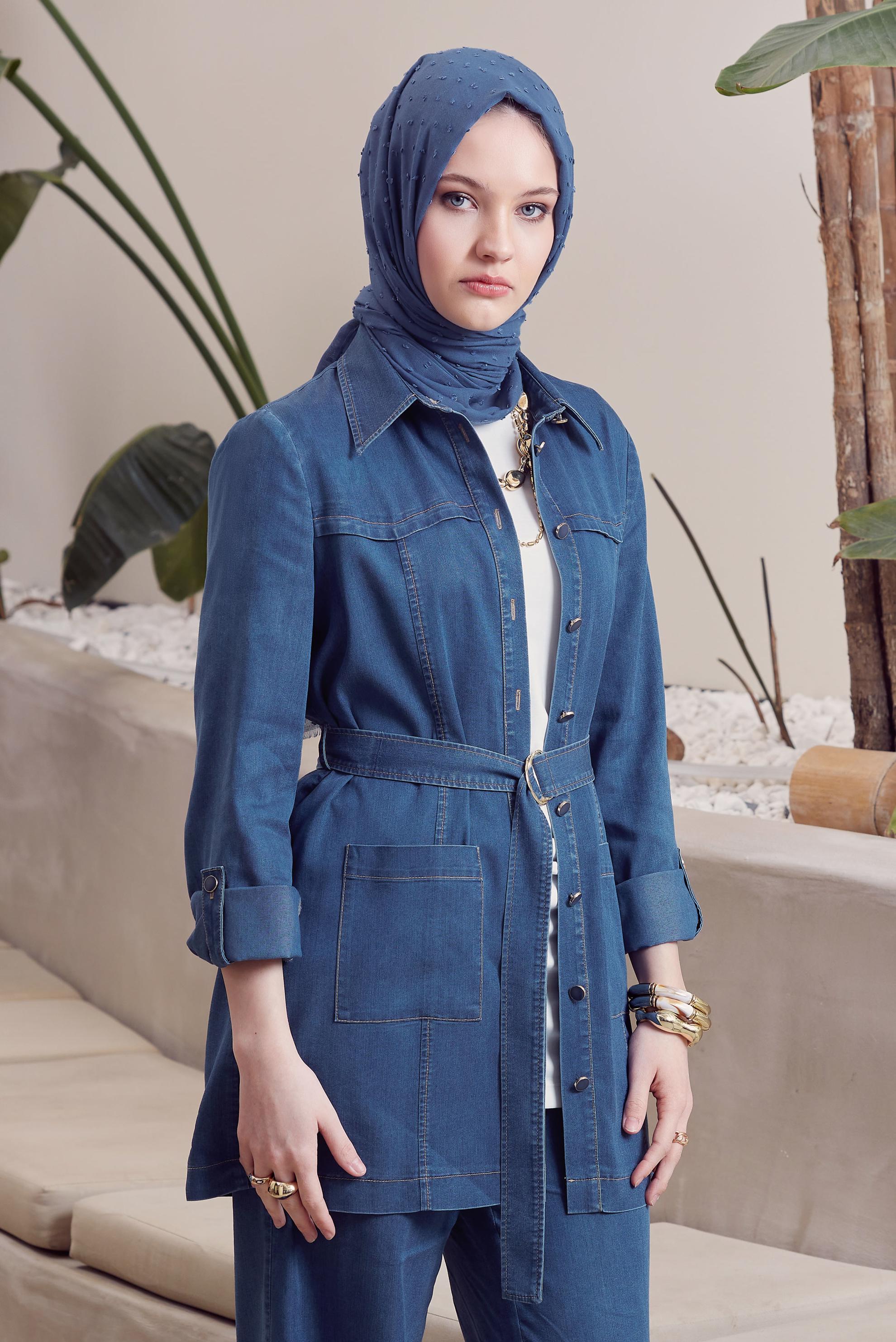 Tesettür giyim MAVİ KEMERLİ PANTOLONLU DENİM TAKIM 45515