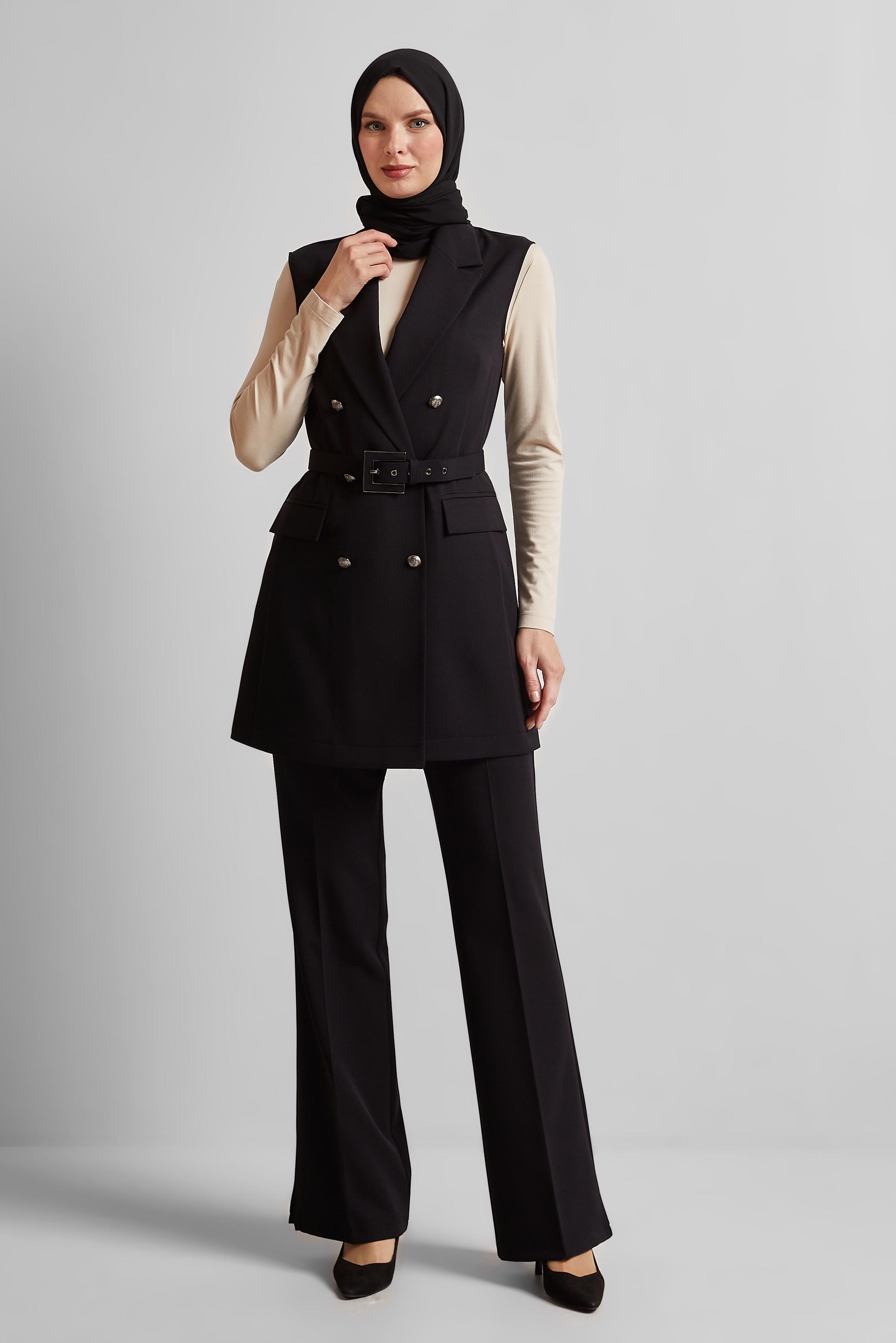 Tesettür giyim SİYAH KEMERLİ YELEKLİ PANTOLONLU TAKIM 45519