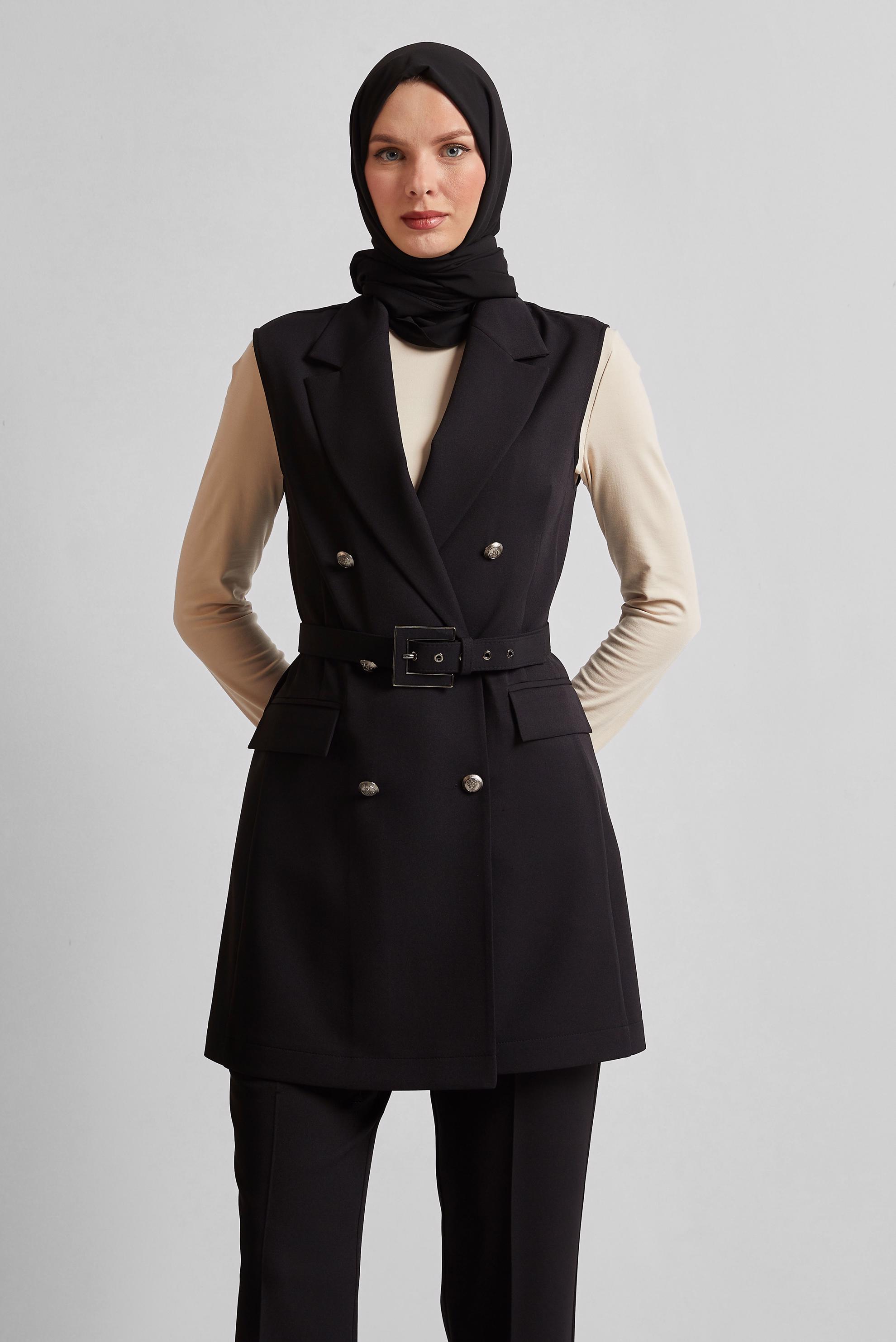 Tesettür giyim SİYAH KEMERLİ YELEKLİ PANTOLONLU TAKIM 45519