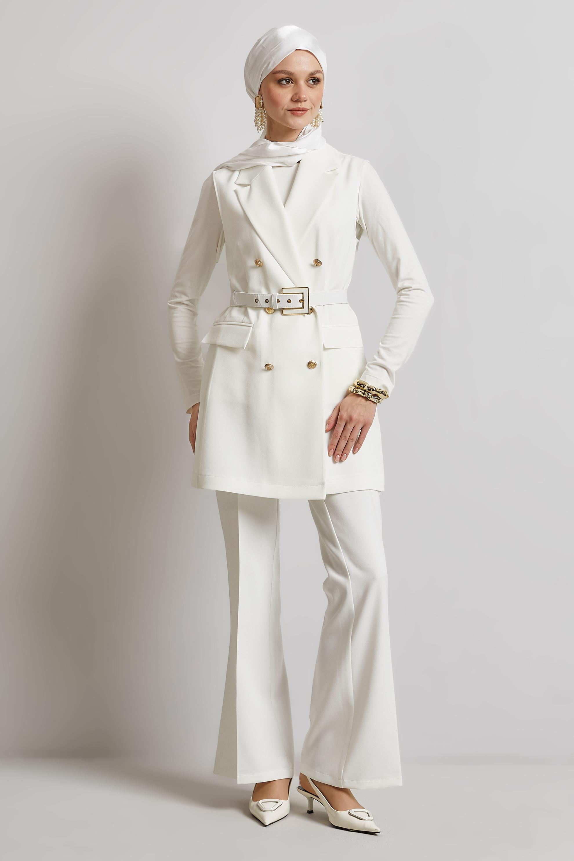 Tesettür giyim BEYAZ KEMERLİ YELEKLİ PANTOLONLU TAKIM 45519