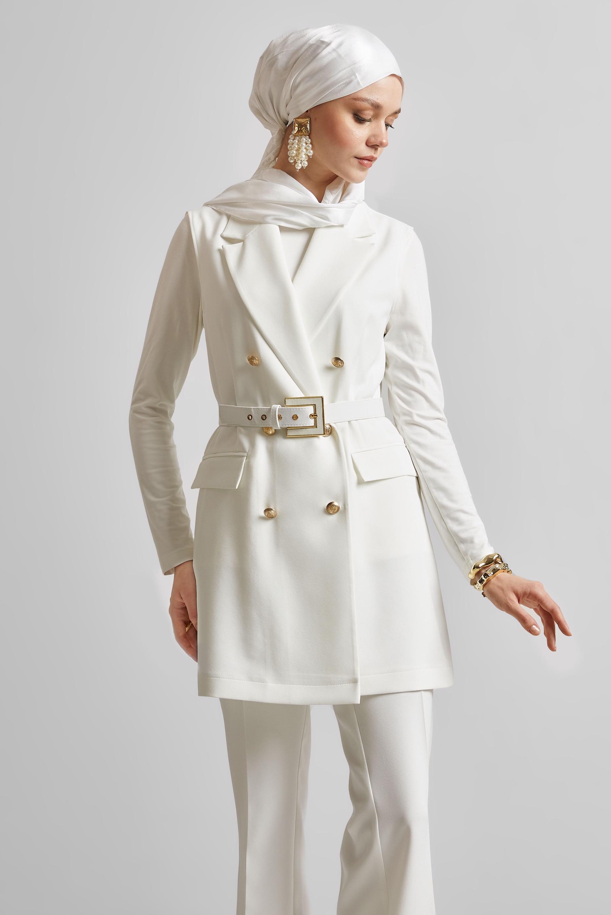 Tesettür giyim BEYAZ KEMERLİ YELEKLİ PANTOLONLU TAKIM 45519