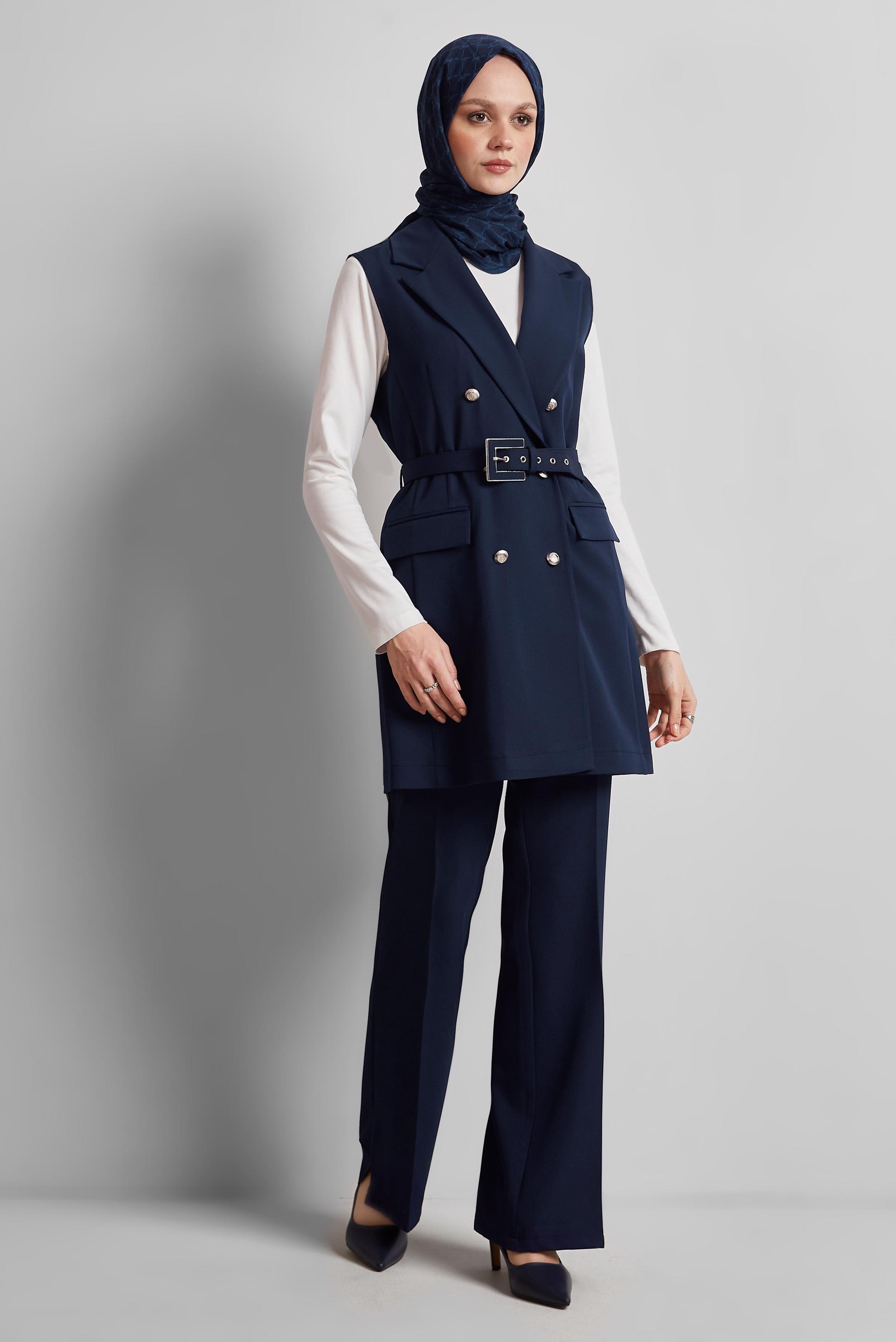 Tesettür giyim LACİVERT KEMERLİ YELEKLİ PANTOLONLU TAKIM 45519