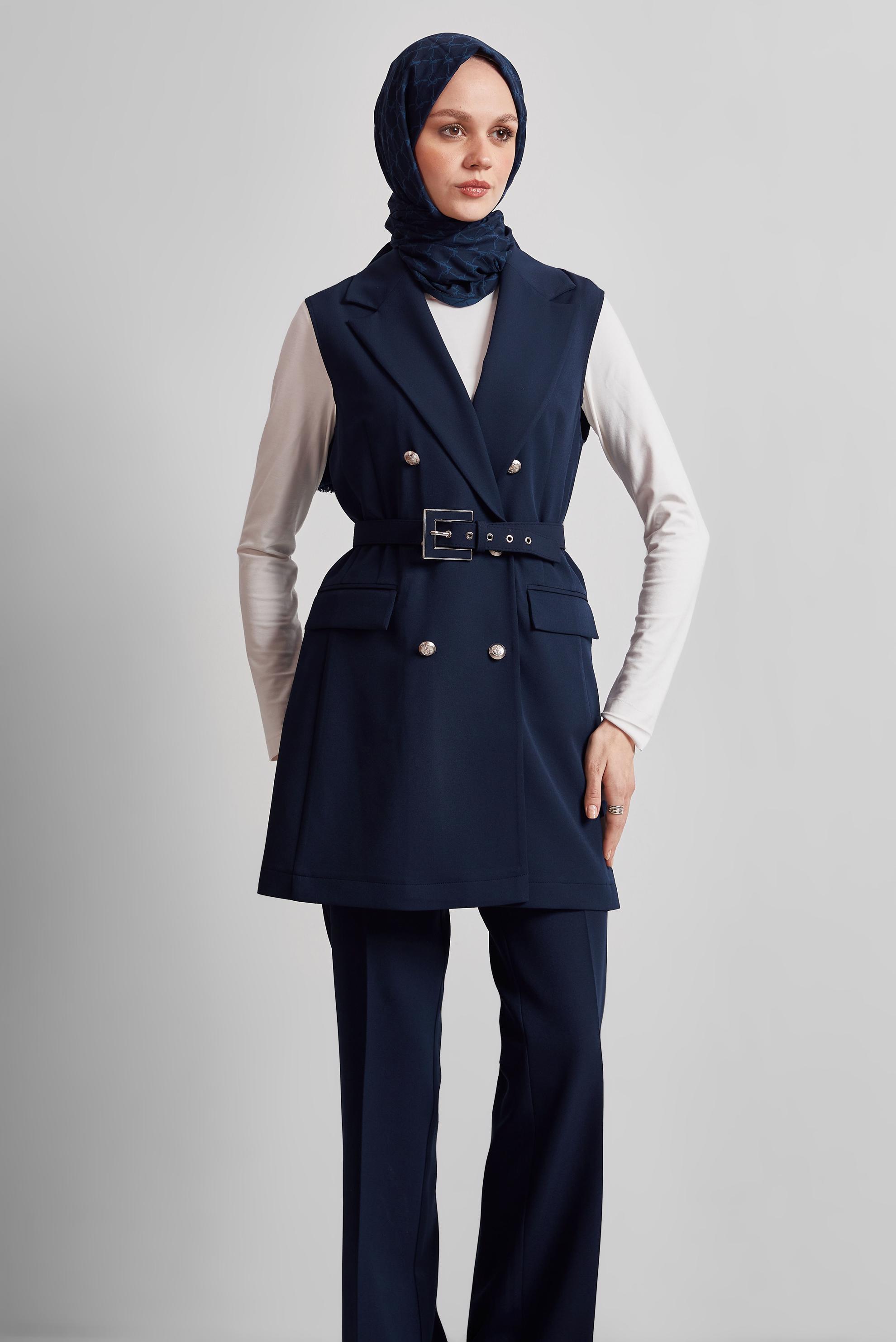 Tesettür giyim LACİVERT KEMERLİ YELEKLİ PANTOLONLU TAKIM 45519