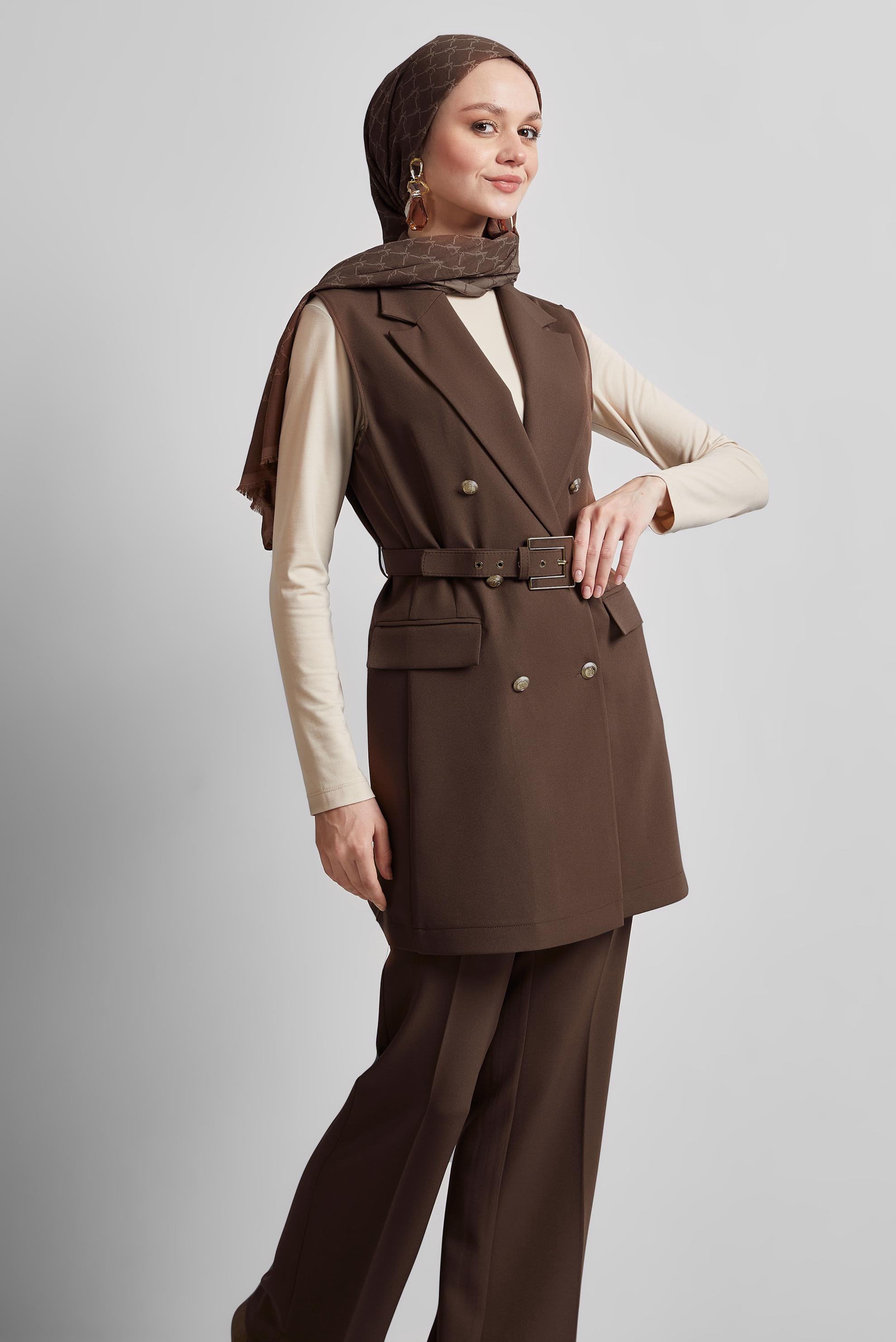 Tesettür giyim VİZON KEMERLİ YELEKLİ PANTOLONLU TAKIM 45519