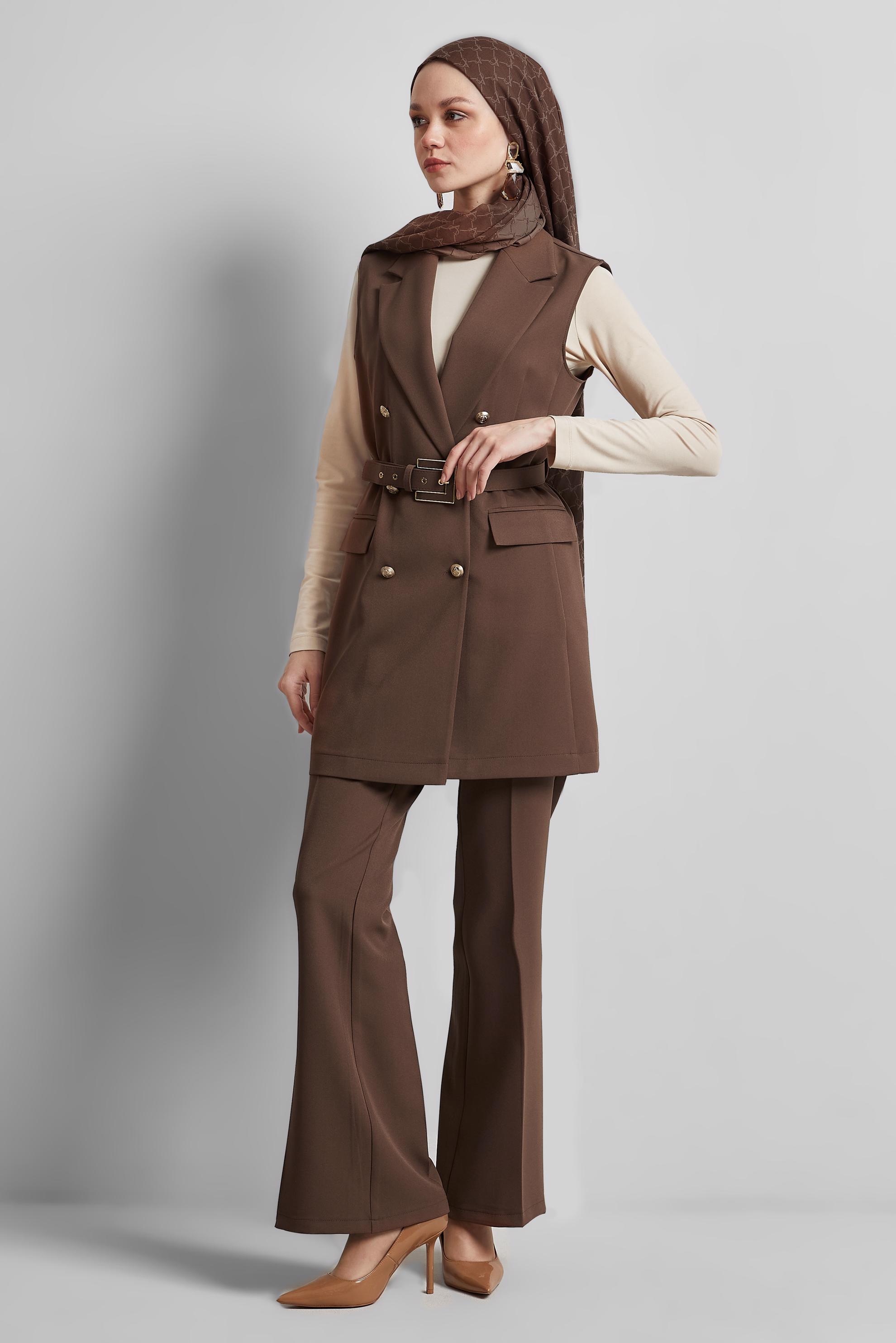 Tesettür giyim VİZON KEMERLİ YELEKLİ PANTOLONLU TAKIM 45519