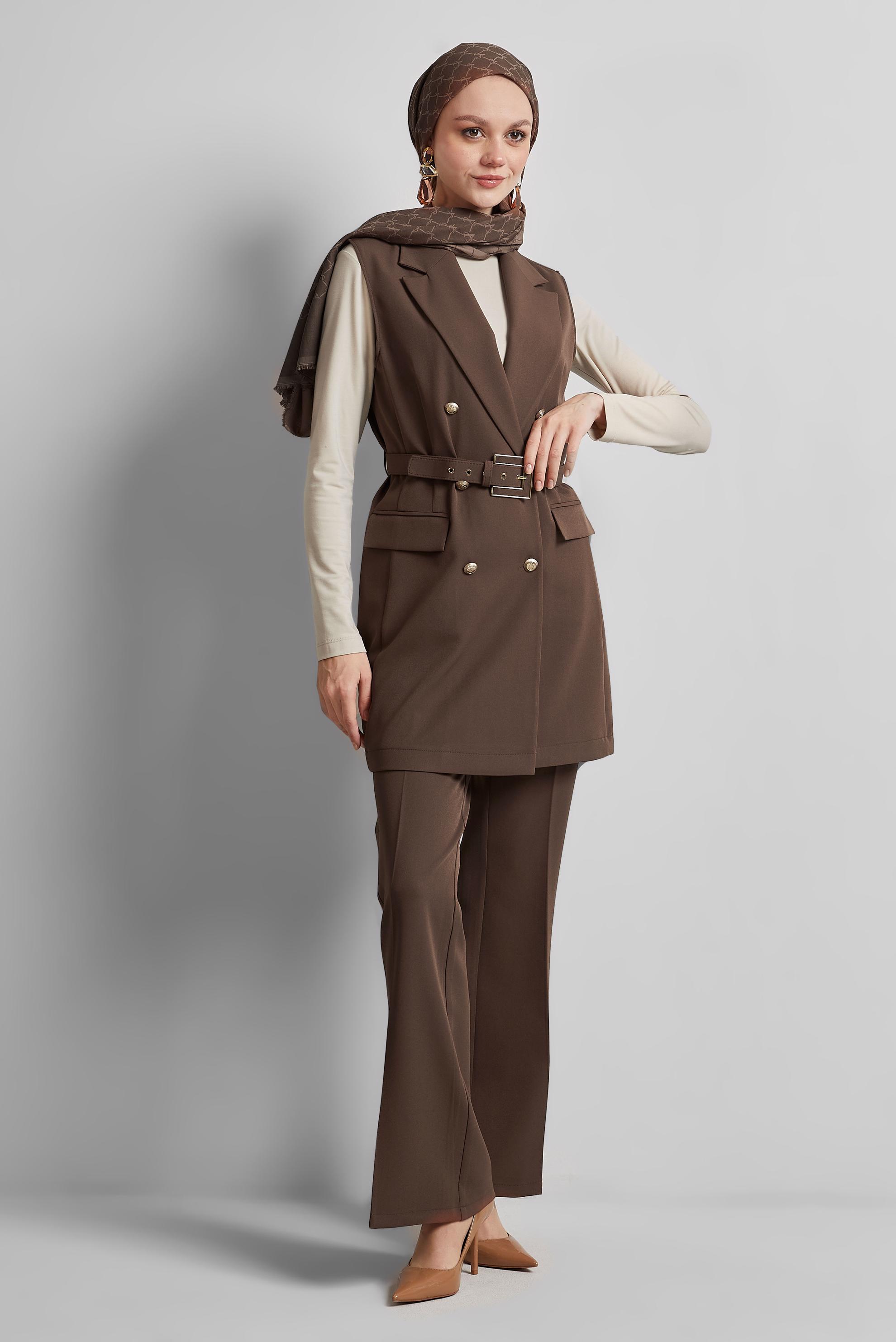 Tesettür giyim VİZON KEMERLİ YELEKLİ PANTOLONLU TAKIM 45519