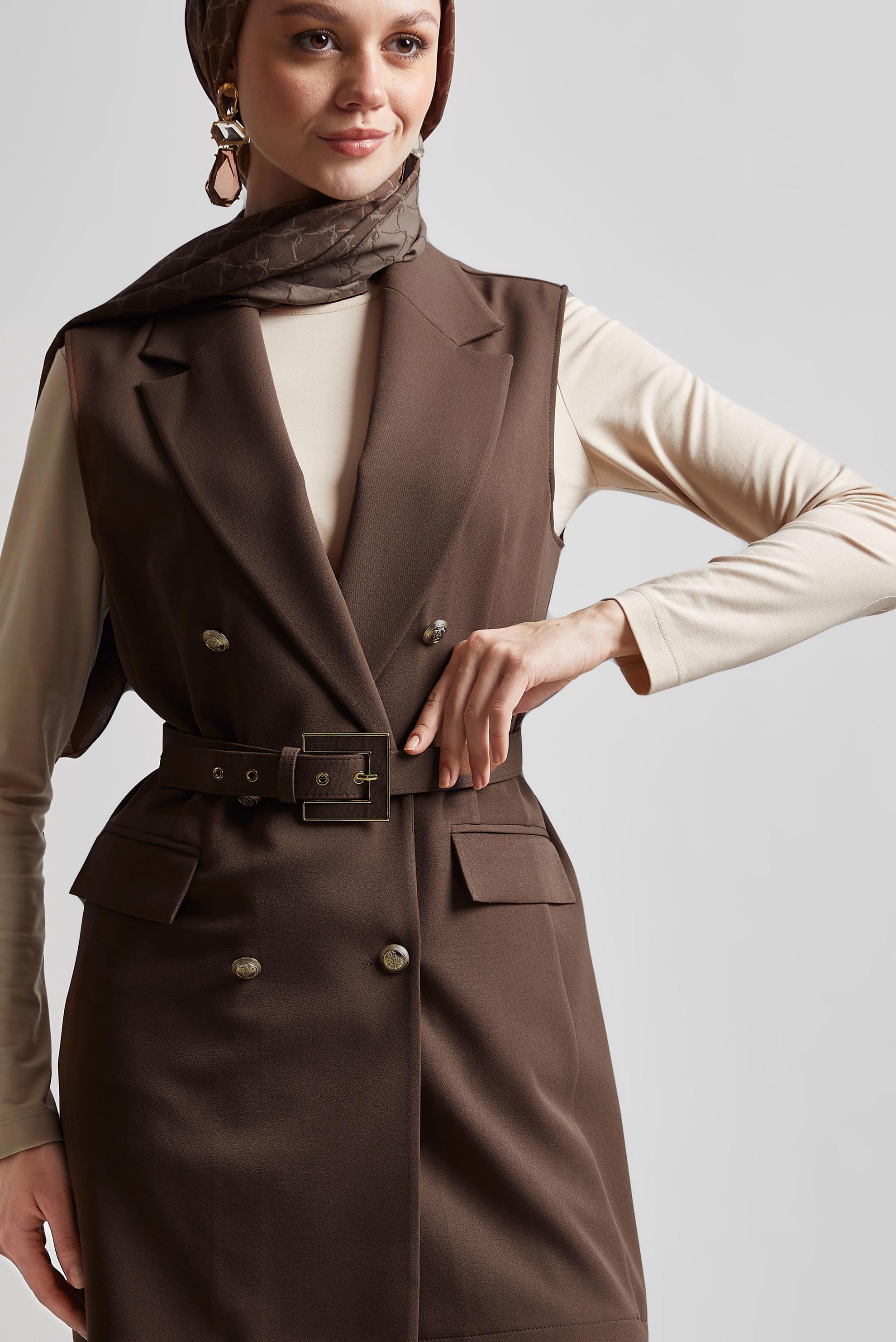 Tesettür giyim VİZON KEMERLİ YELEKLİ PANTOLONLU TAKIM 45519