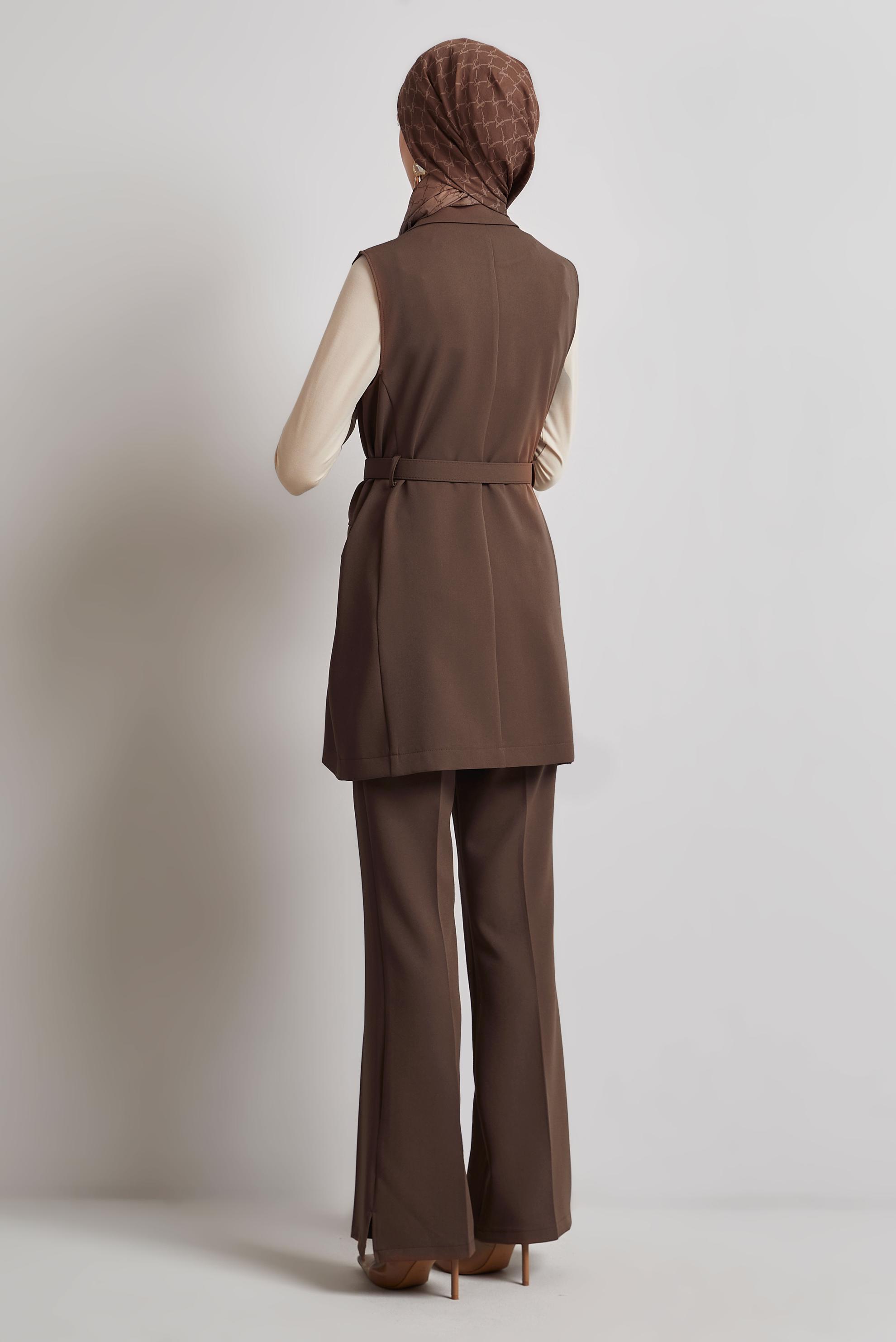 Tesettür giyim VİZON KEMERLİ YELEKLİ PANTOLONLU TAKIM 45519