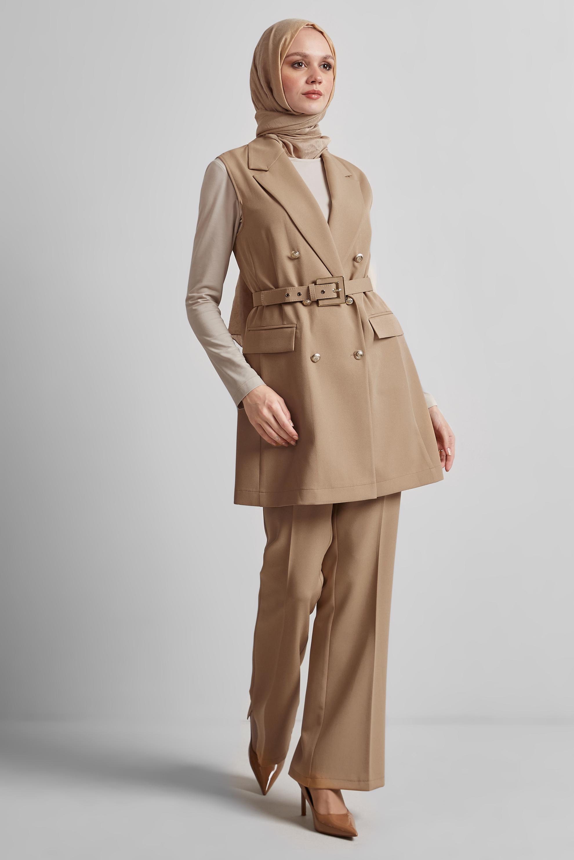 Tesettür giyim KUM KEMERLİ YELEKLİ PANTOLONLU TAKIM 45519