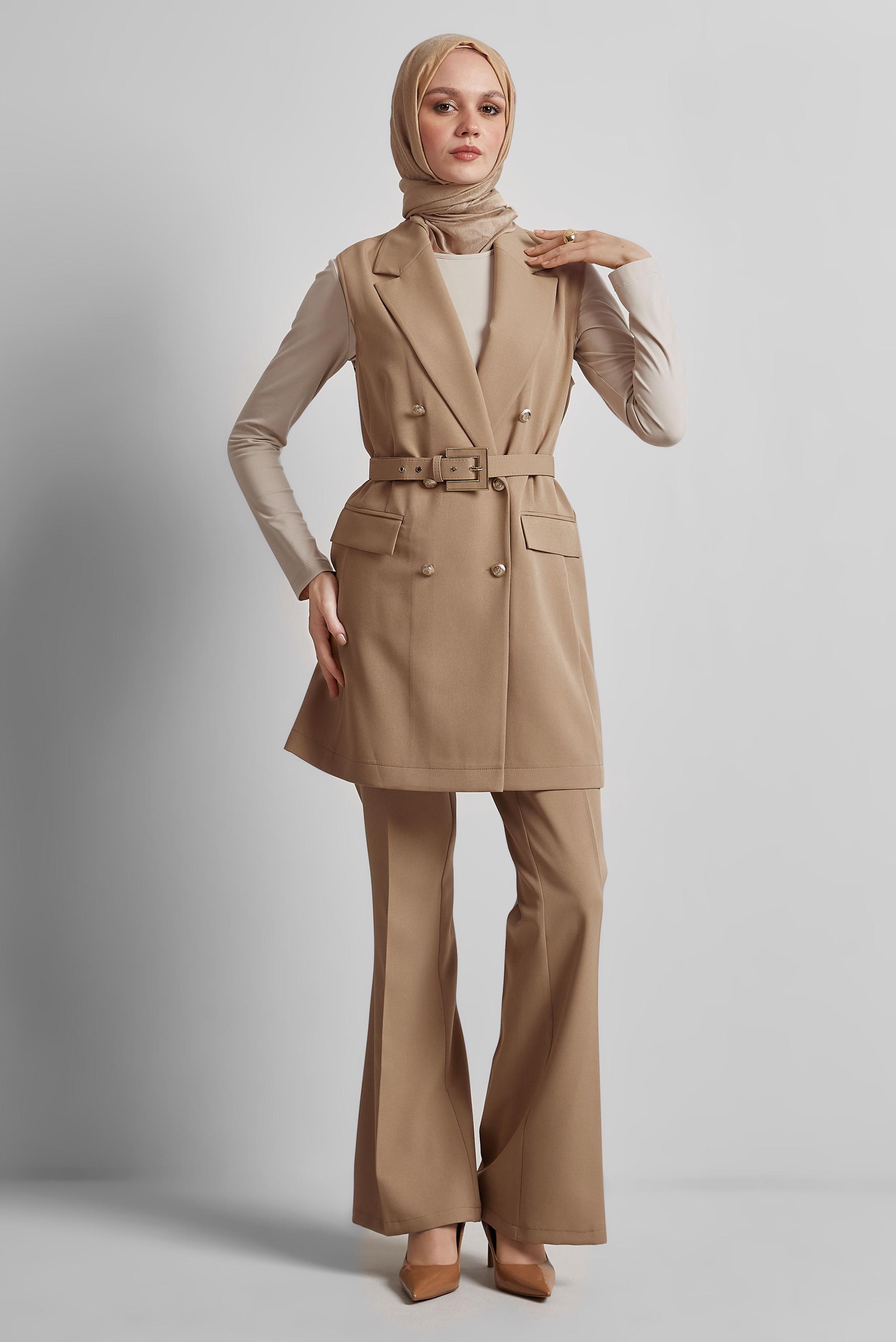 Tesettür giyim KUM KEMERLİ YELEKLİ PANTOLONLU TAKIM 45519