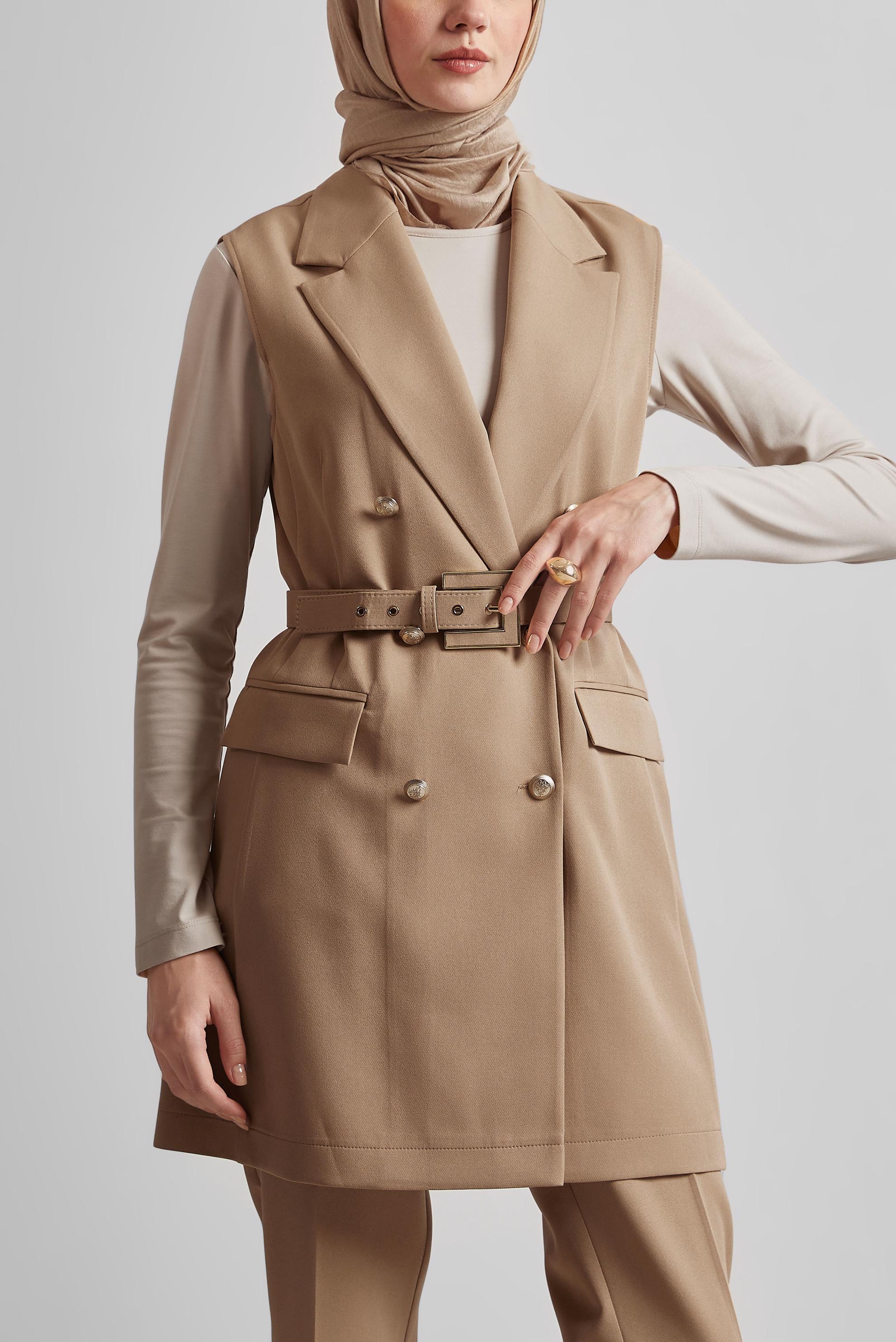 Tesettür giyim KUM KEMERLİ YELEKLİ PANTOLONLU TAKIM 45519