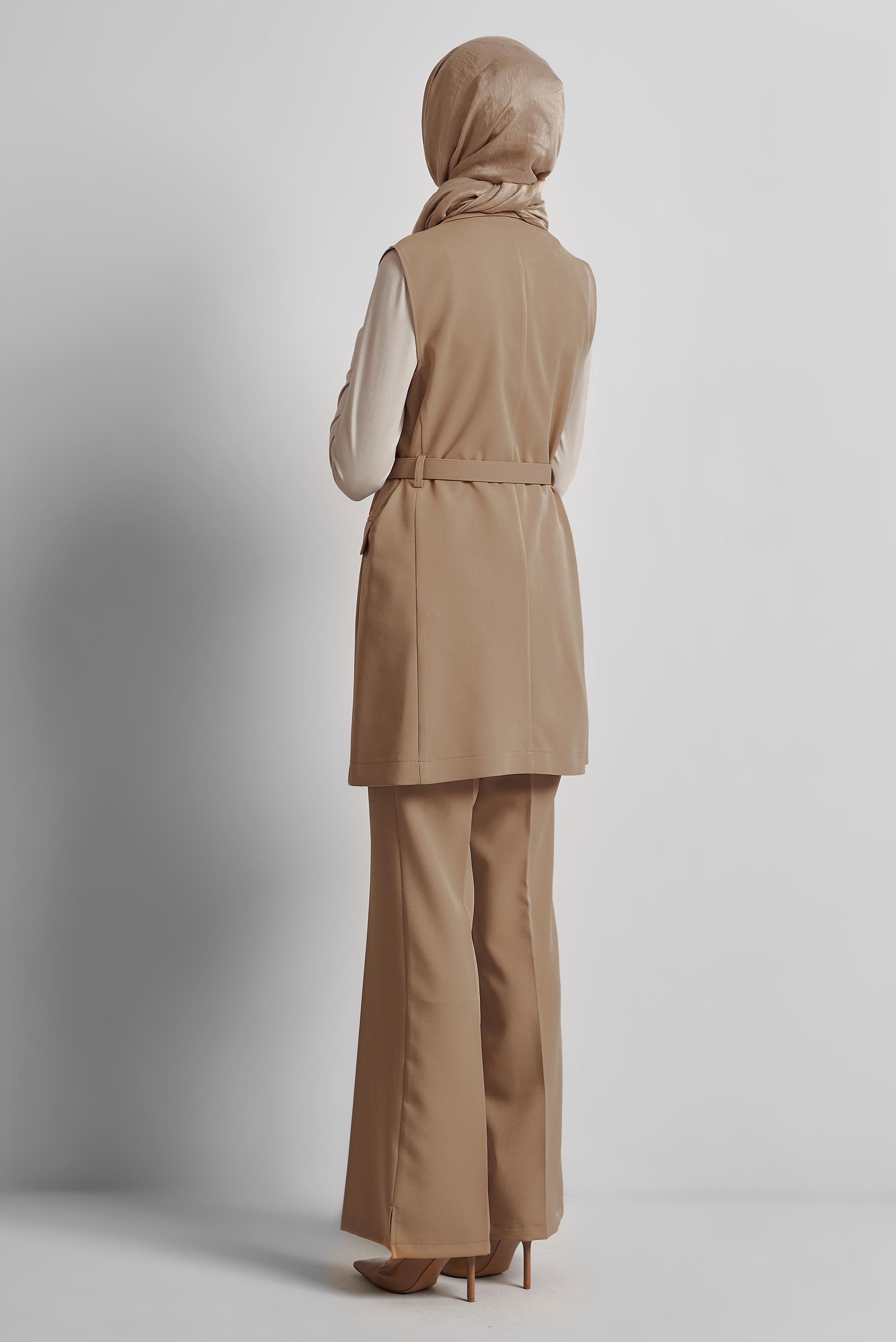 Tesettür giyim KUM KEMERLİ YELEKLİ PANTOLONLU TAKIM 45519