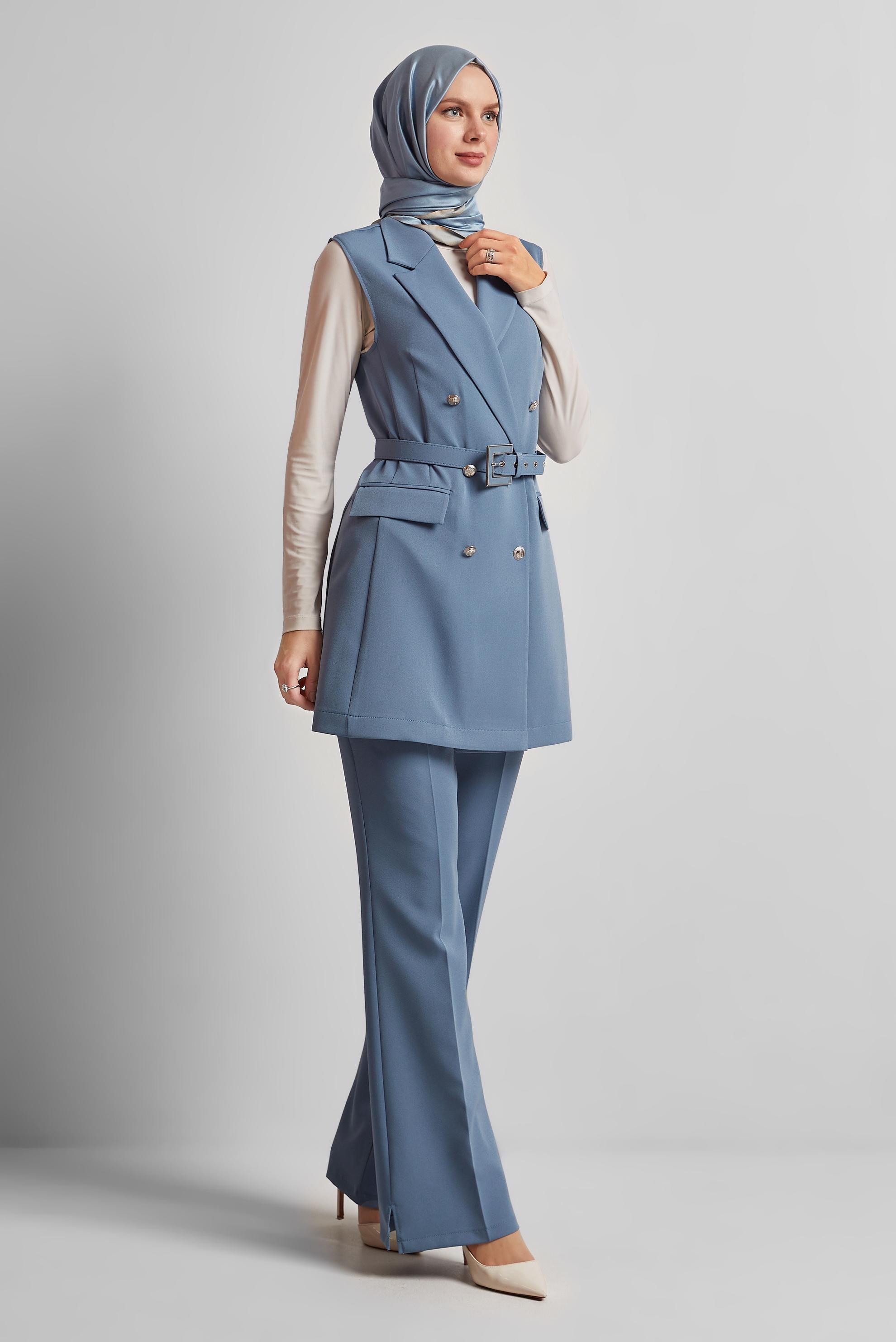 Tesettür giyim MAVİ KEMERLİ YELEKLİ PANTOLONLU TAKIM 45519