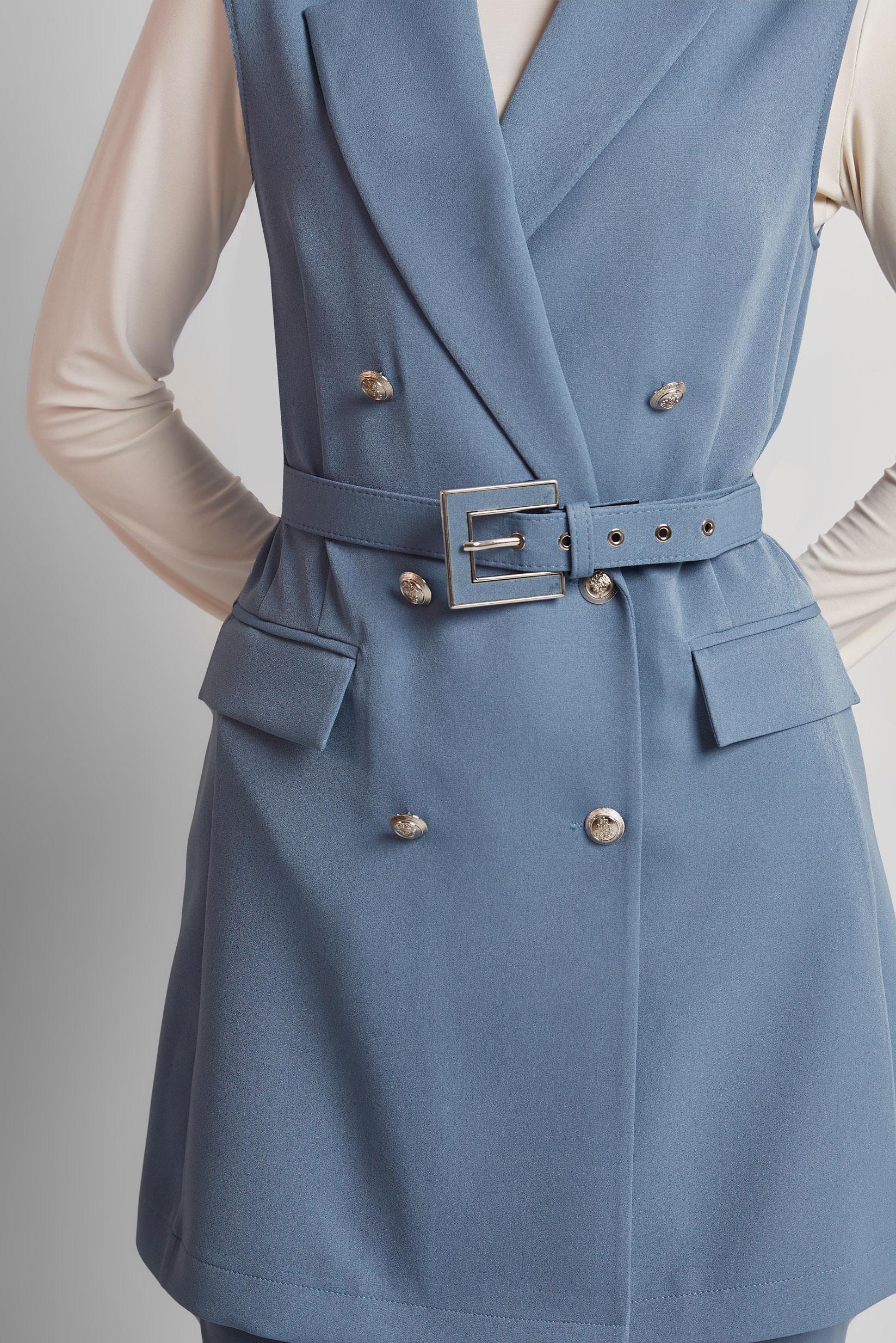 Tesettür giyim MAVİ KEMERLİ YELEKLİ PANTOLONLU TAKIM 45519