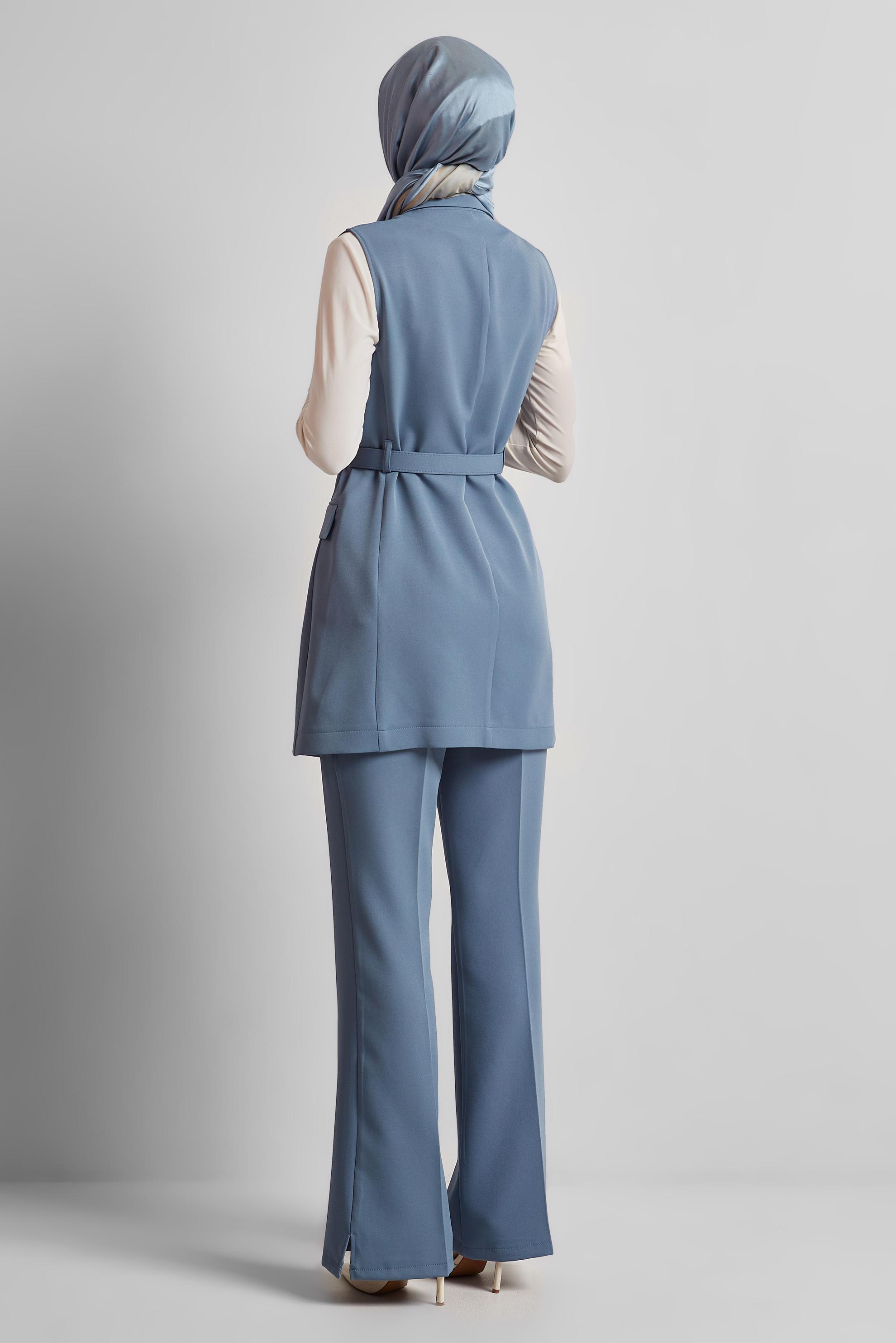 Tesettür giyim MAVİ KEMERLİ YELEKLİ PANTOLONLU TAKIM 45519