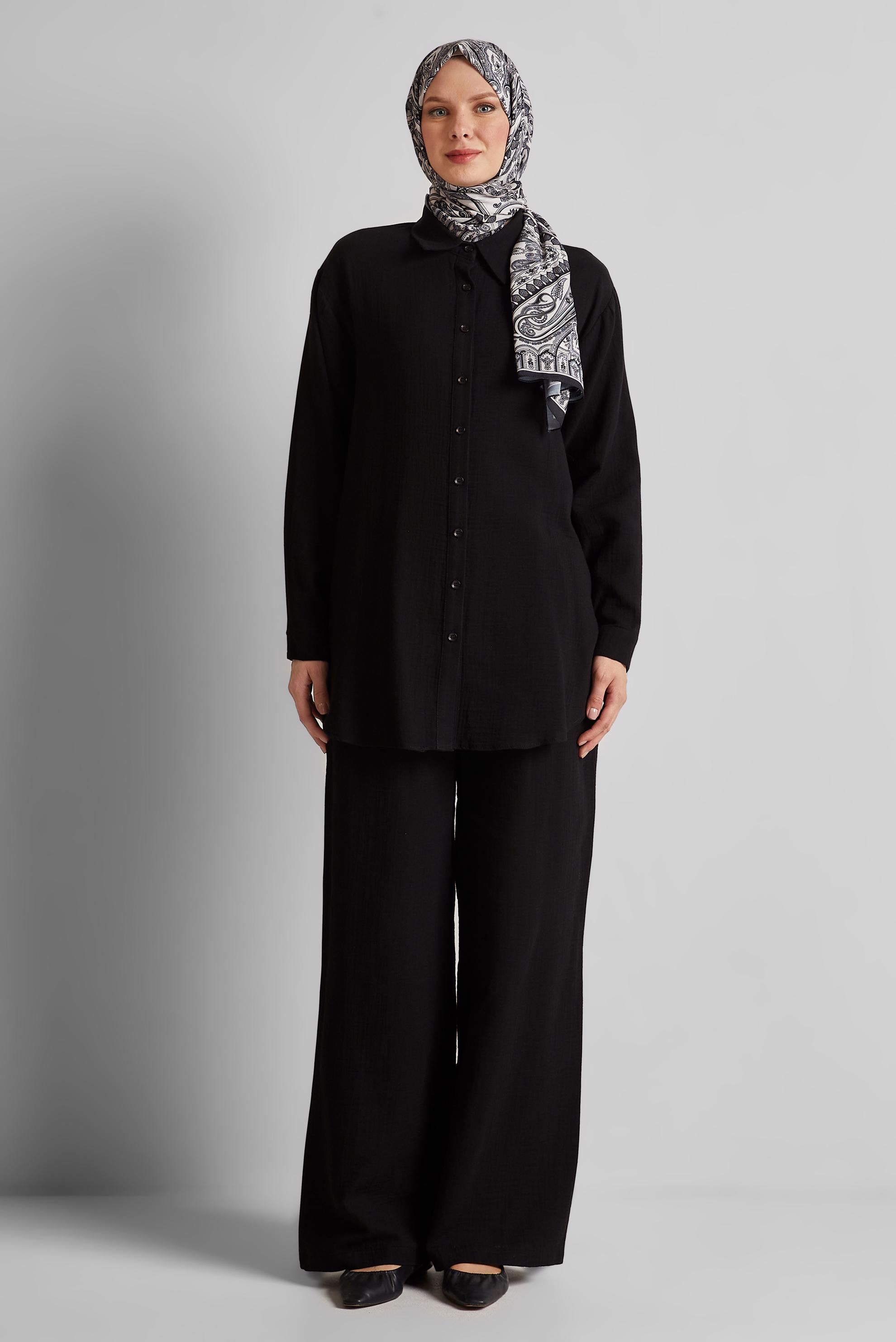 Tesettür giyim SİYAH PAMUKLU MÜSLİN PANTOLONLU TAKIM 45555
