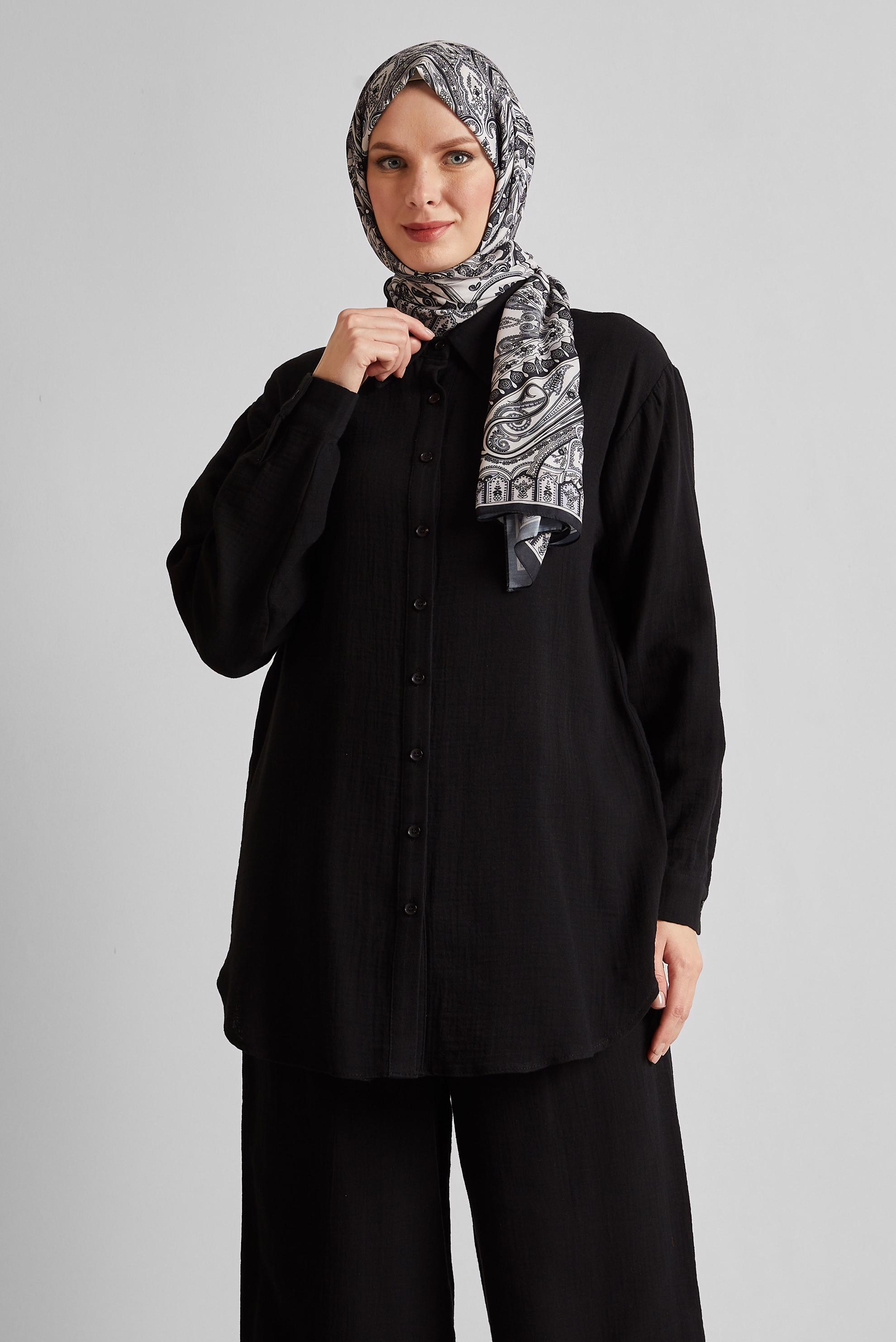 Tesettür giyim SİYAH PAMUKLU MÜSLİN PANTOLONLU TAKIM 45555