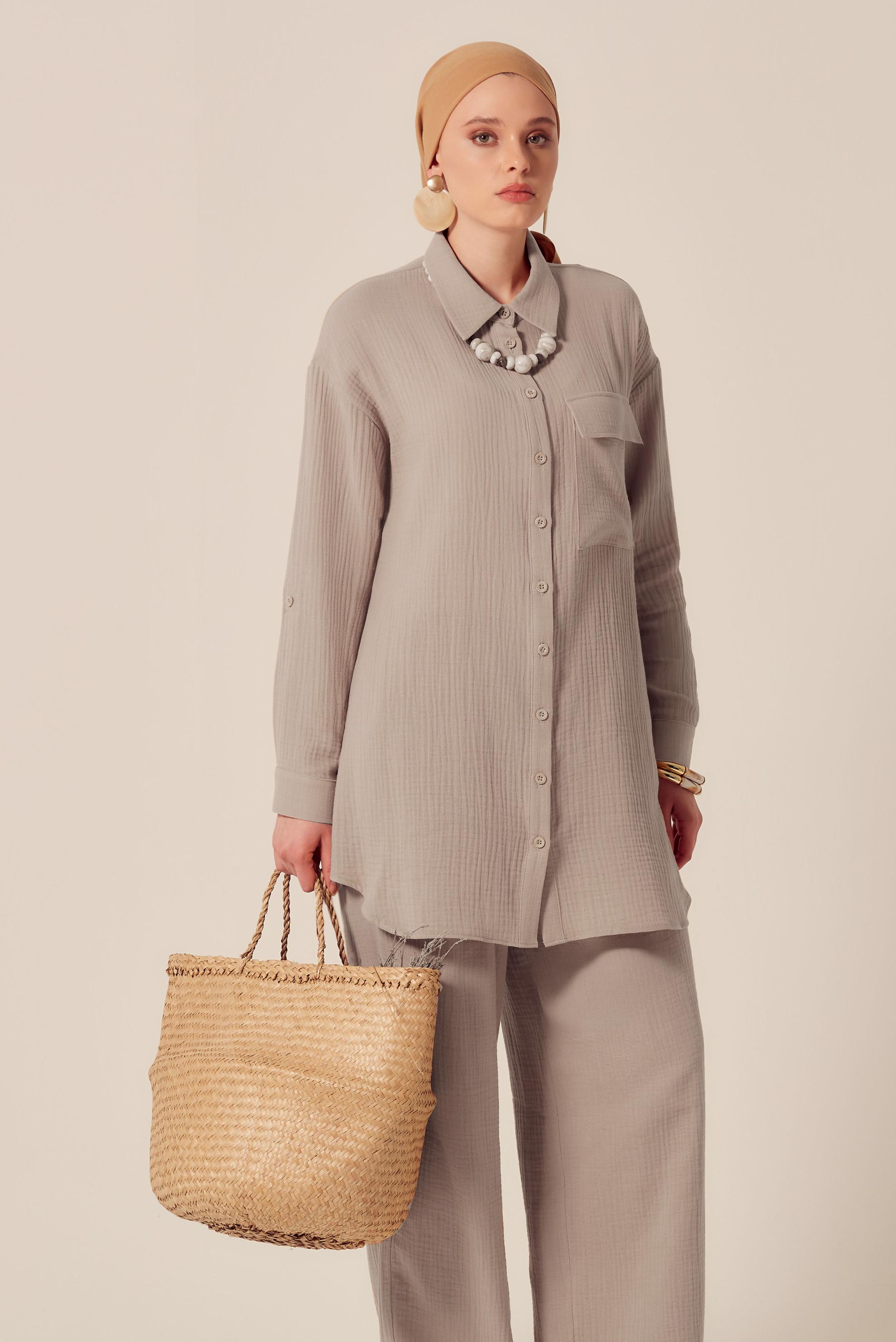 Tesettür giyim BEJ PAMUKLU MÜSLİN PANTOLONLU TAKIM 45555