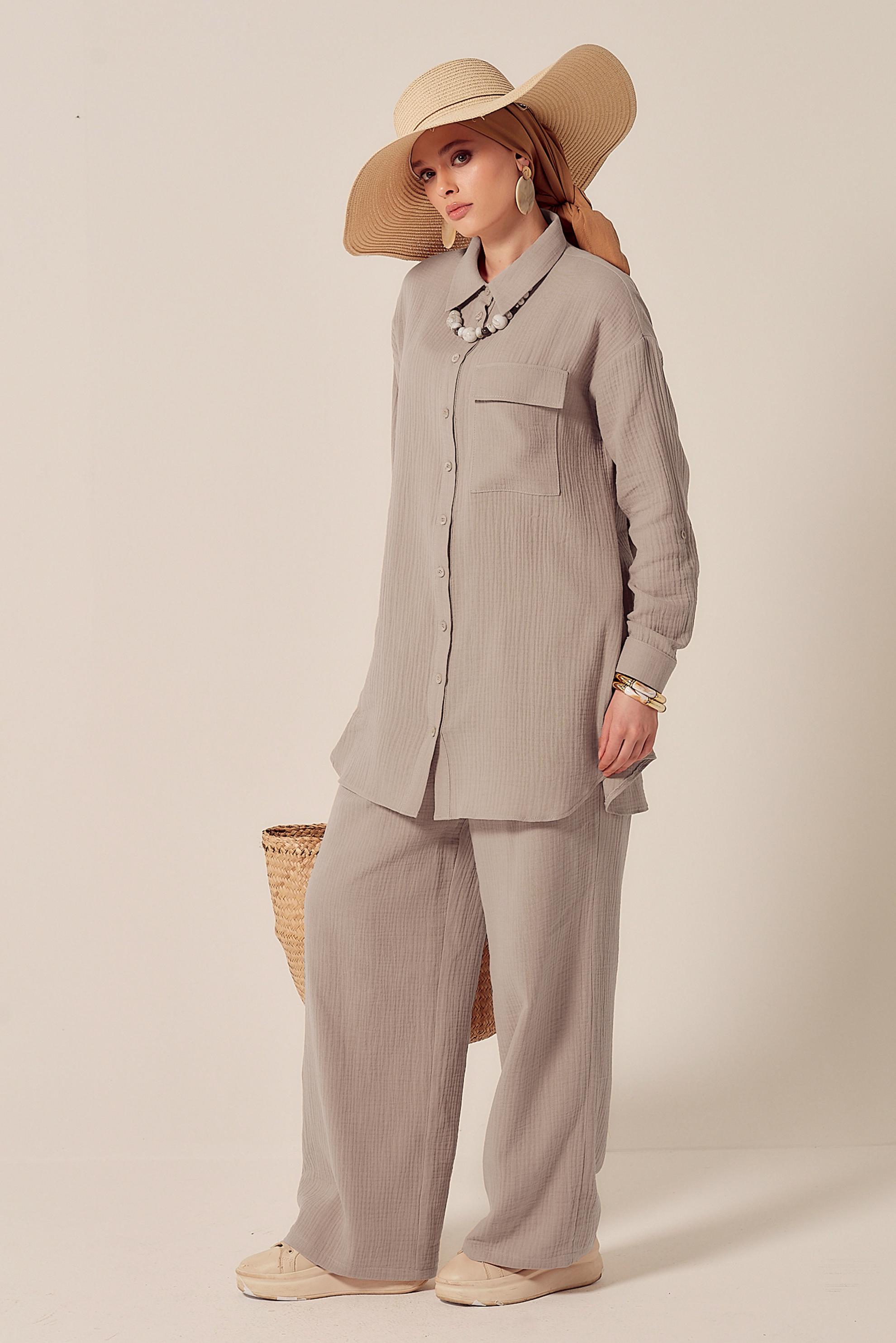 Tesettür giyim BEJ PAMUKLU MÜSLİN PANTOLONLU TAKIM 45555