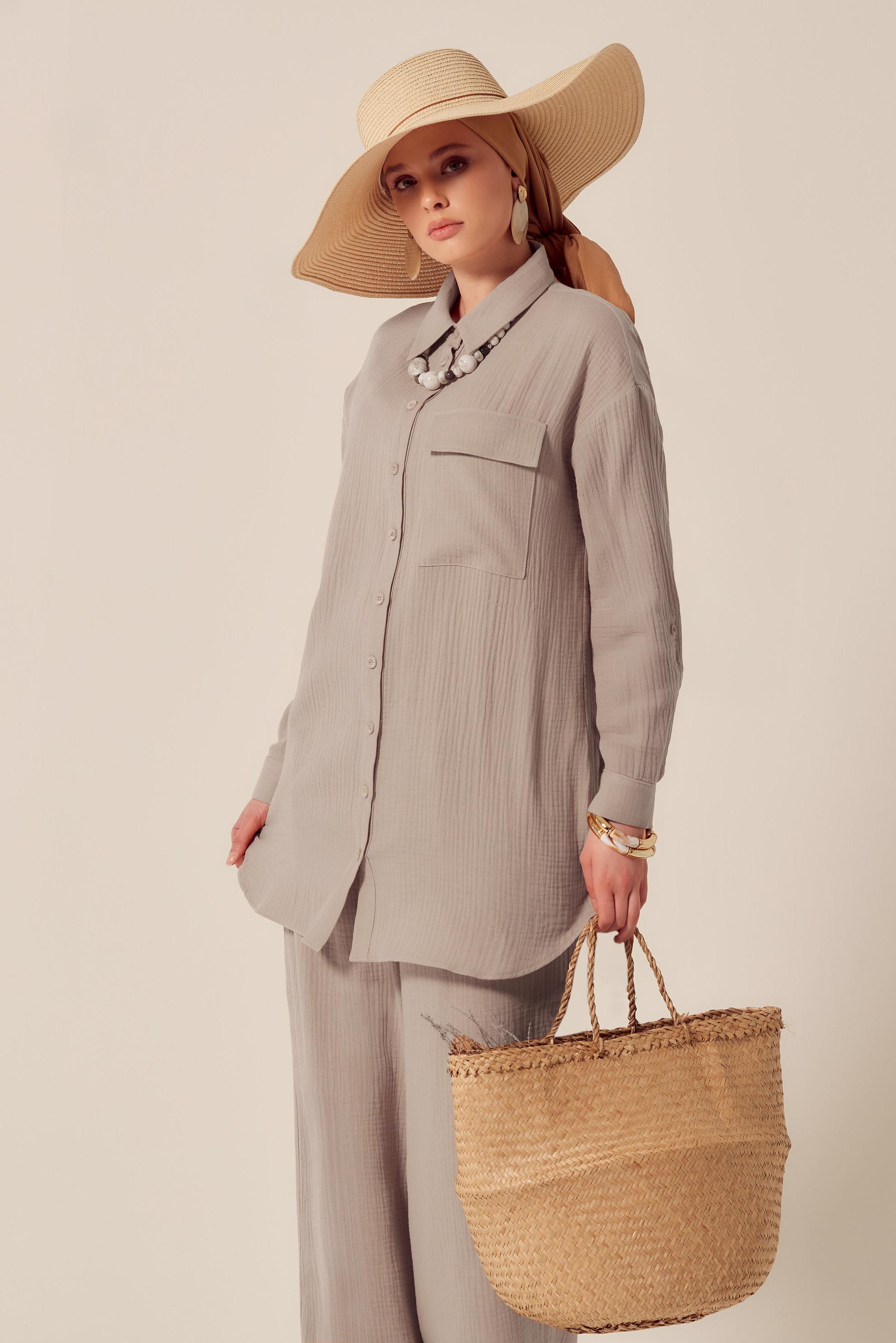 Tesettür giyim BEJ PAMUKLU MÜSLİN PANTOLONLU TAKIM 45555