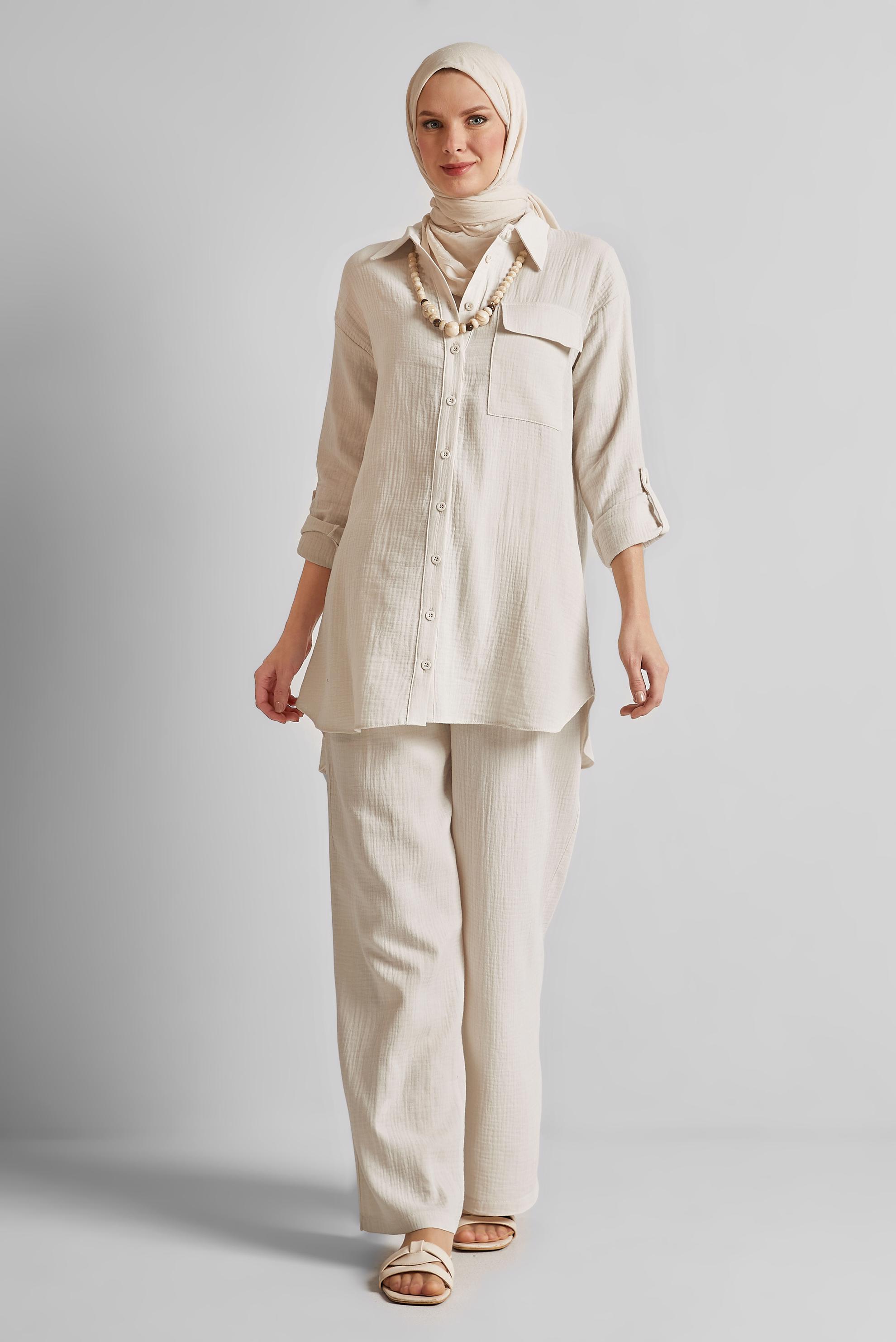 Tesettür giyim EKRU PAMUKLU MÜSLİN PANTOLONLU TAKIM 45555