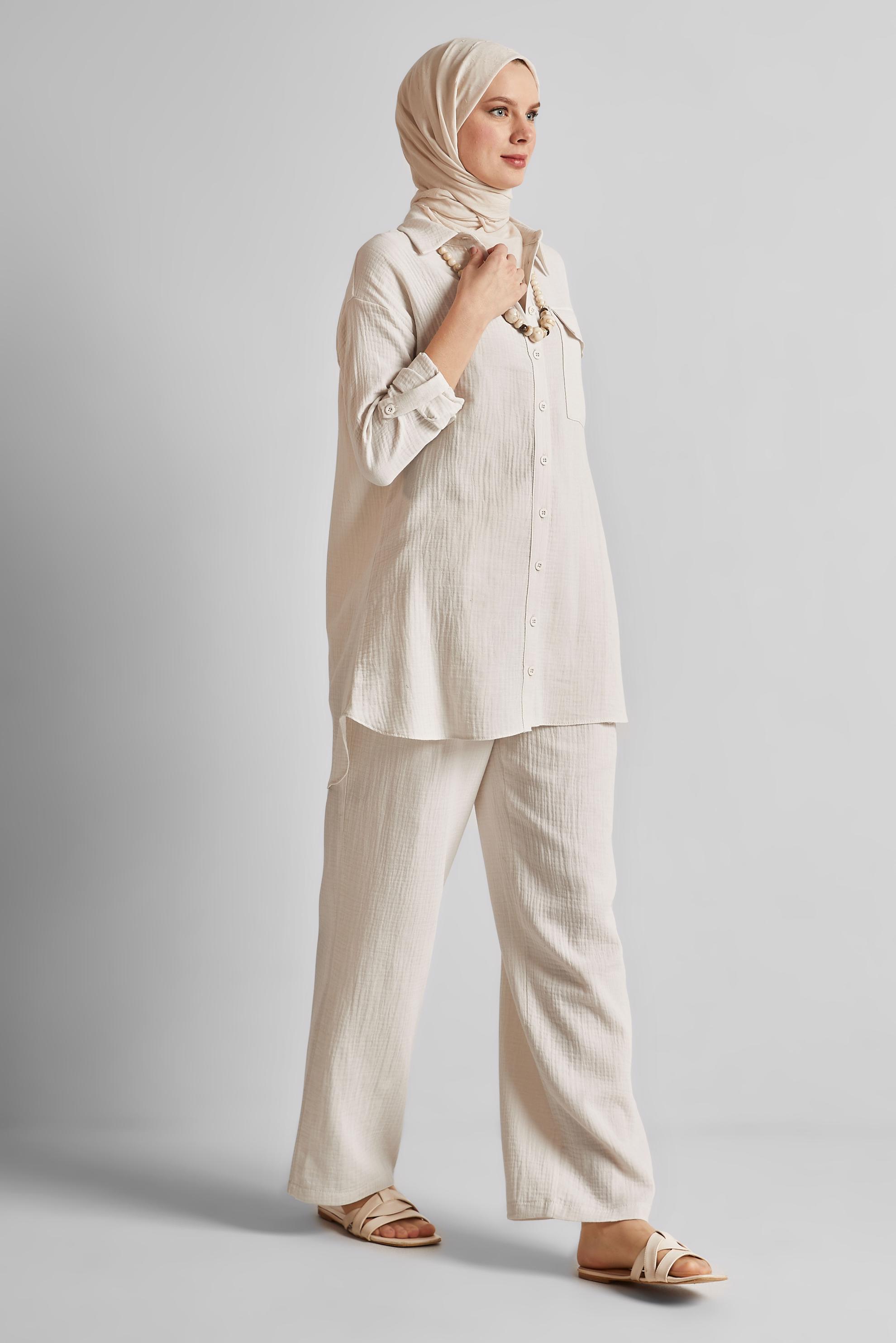 Tesettür giyim EKRU PAMUKLU MÜSLİN PANTOLONLU TAKIM 45555