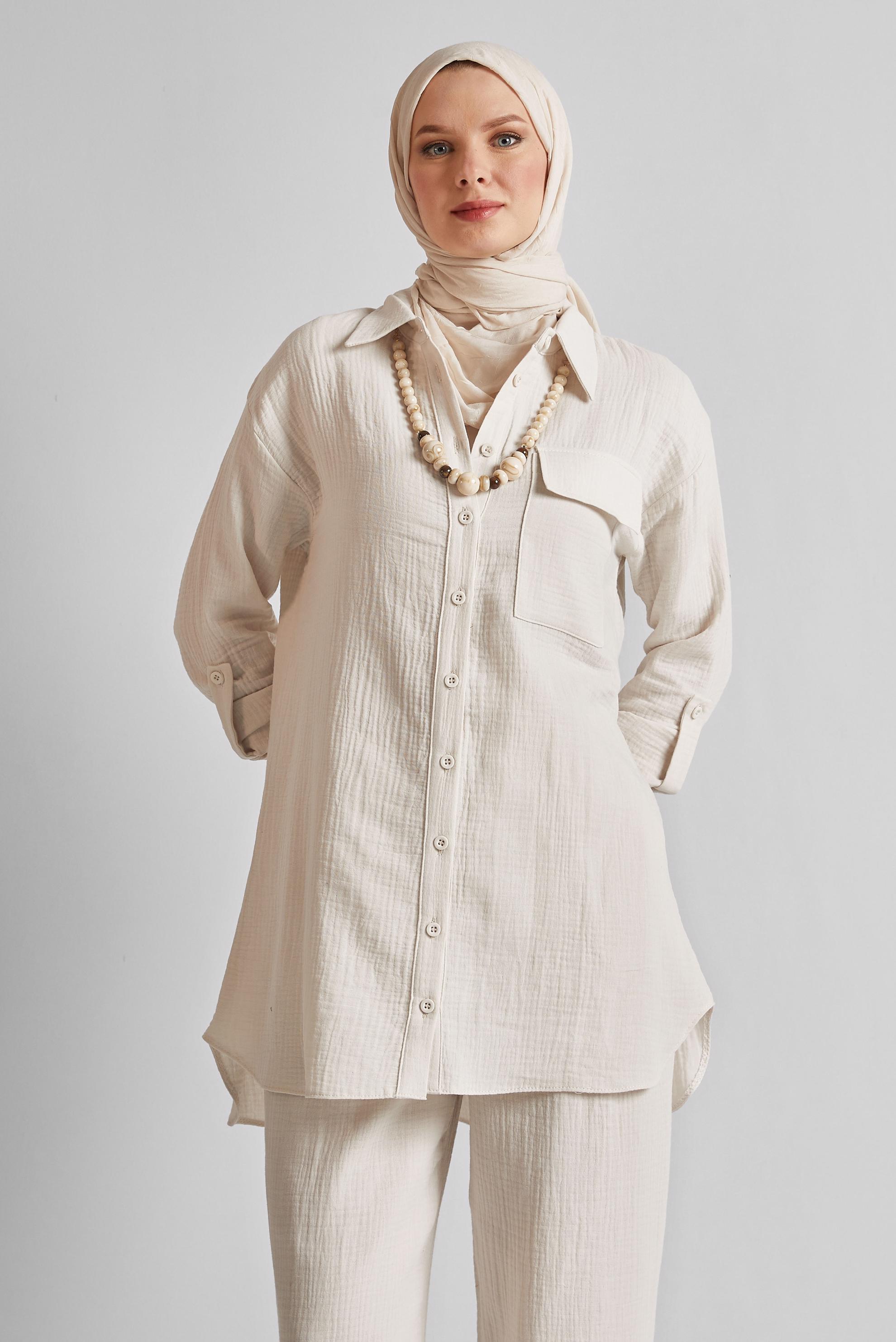 Tesettür giyim EKRU PAMUKLU MÜSLİN PANTOLONLU TAKIM 45555