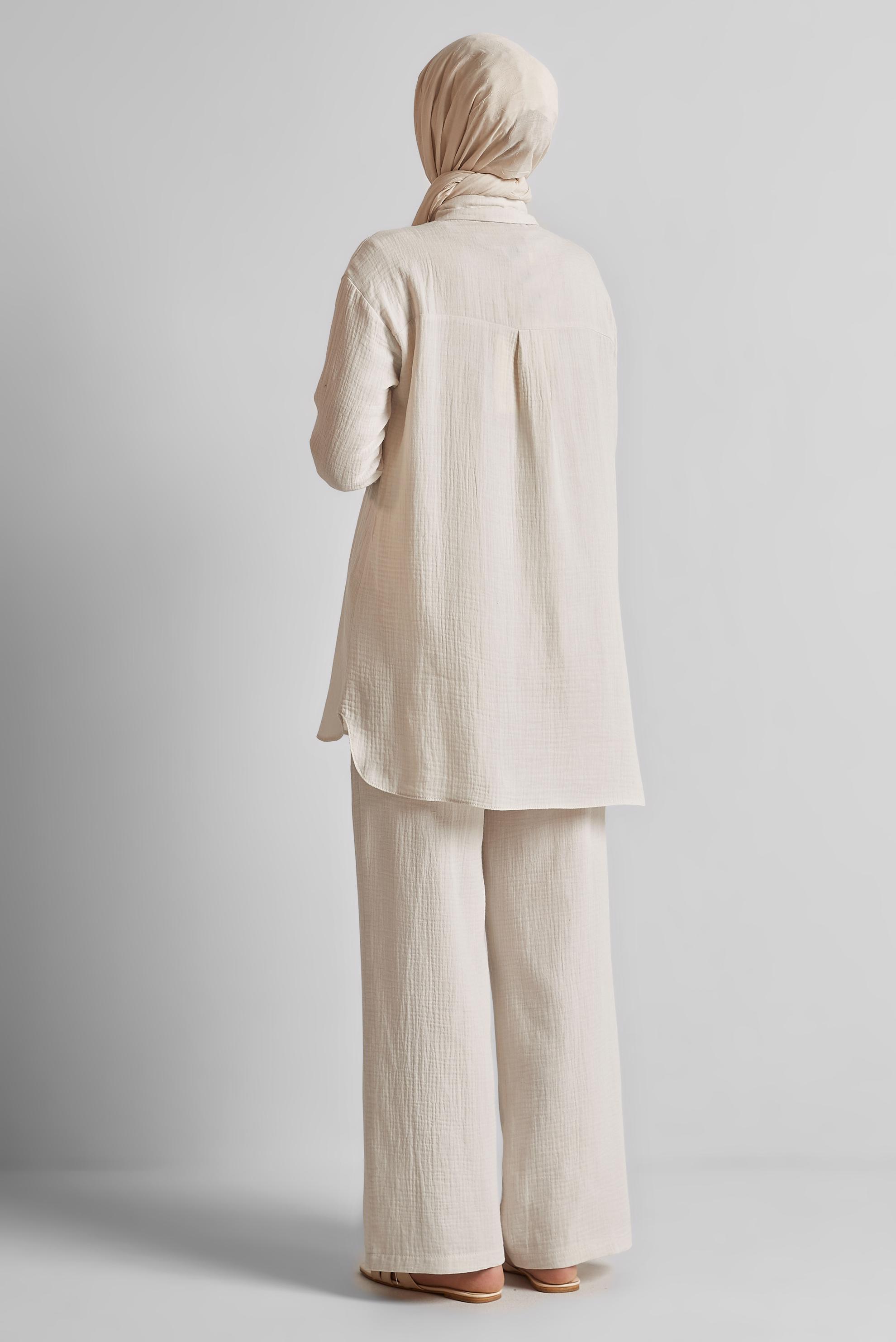 Tesettür giyim EKRU PAMUKLU MÜSLİN PANTOLONLU TAKIM 45555