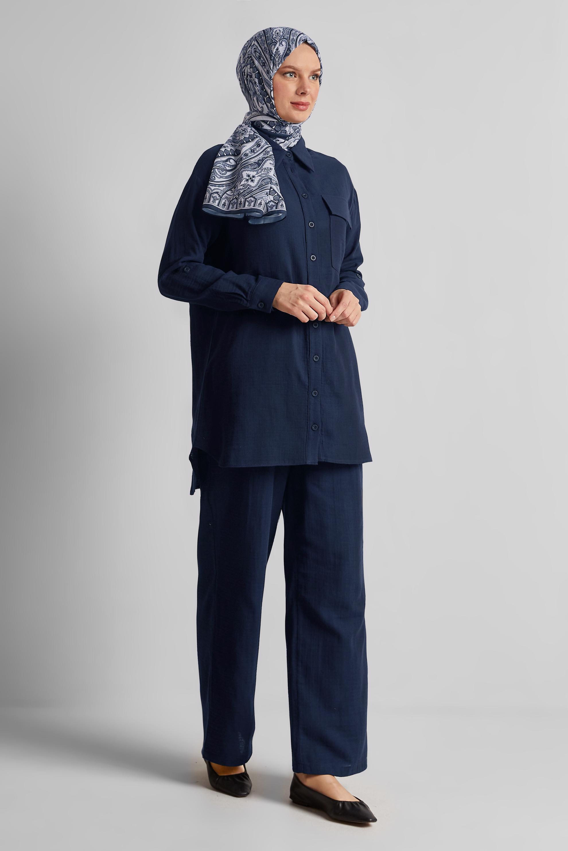 Tesettür giyim LACİVERT PAMUKLU MÜSLİN PANTOLONLU TAKIM 45555