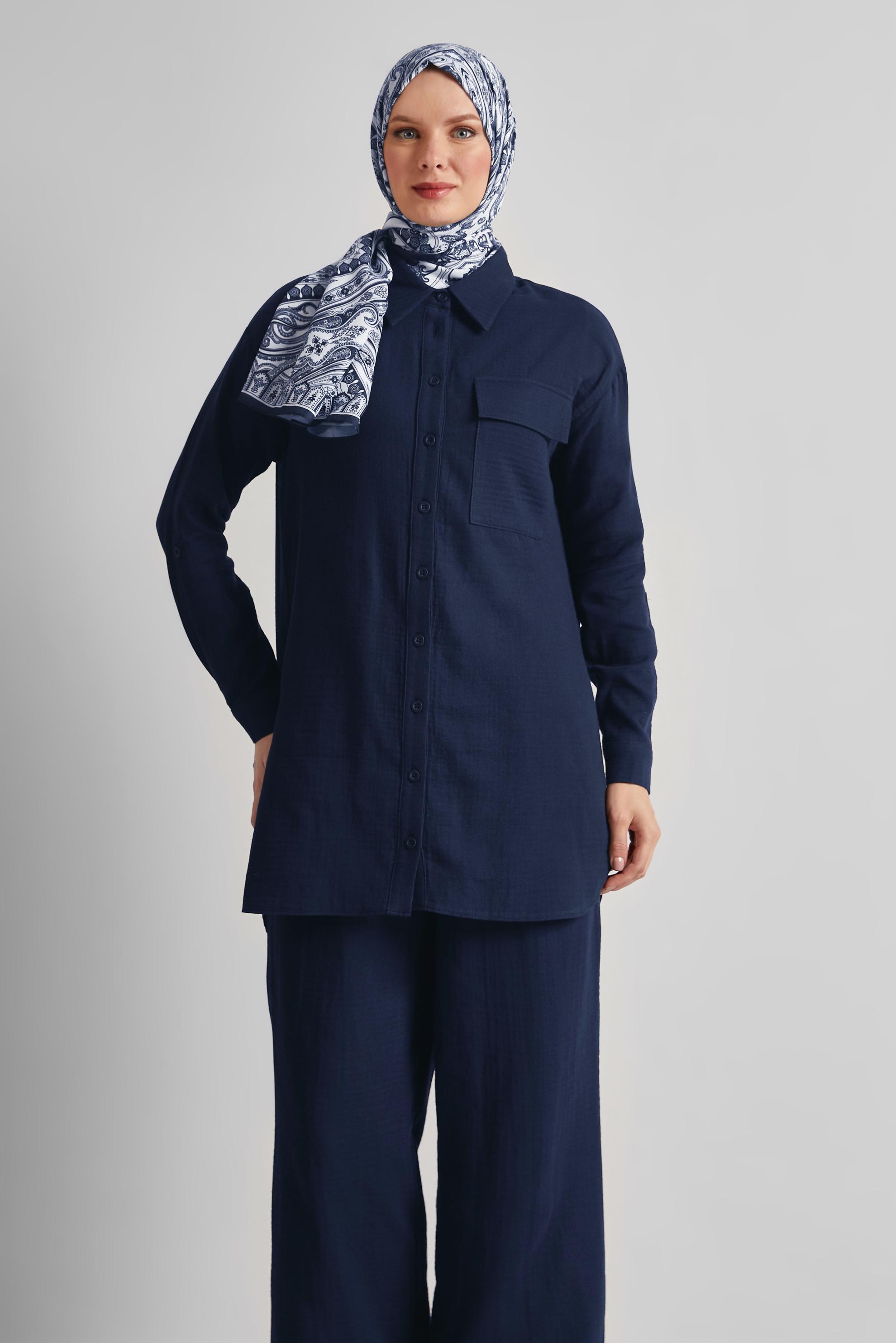 Tesettür giyim LACİVERT PAMUKLU MÜSLİN PANTOLONLU TAKIM 45555