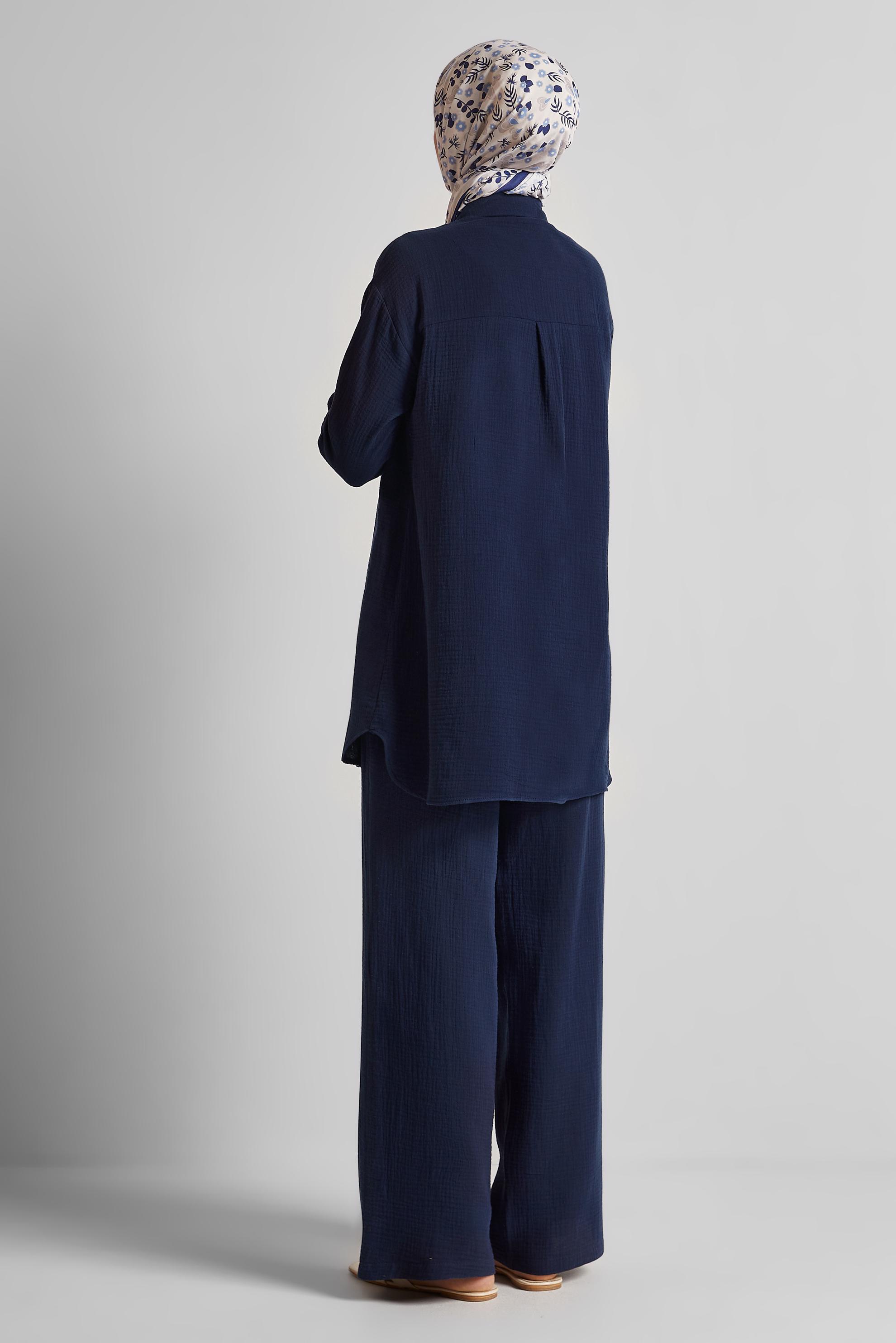 Tesettür giyim LACİVERT PAMUKLU MÜSLİN PANTOLONLU TAKIM 45555