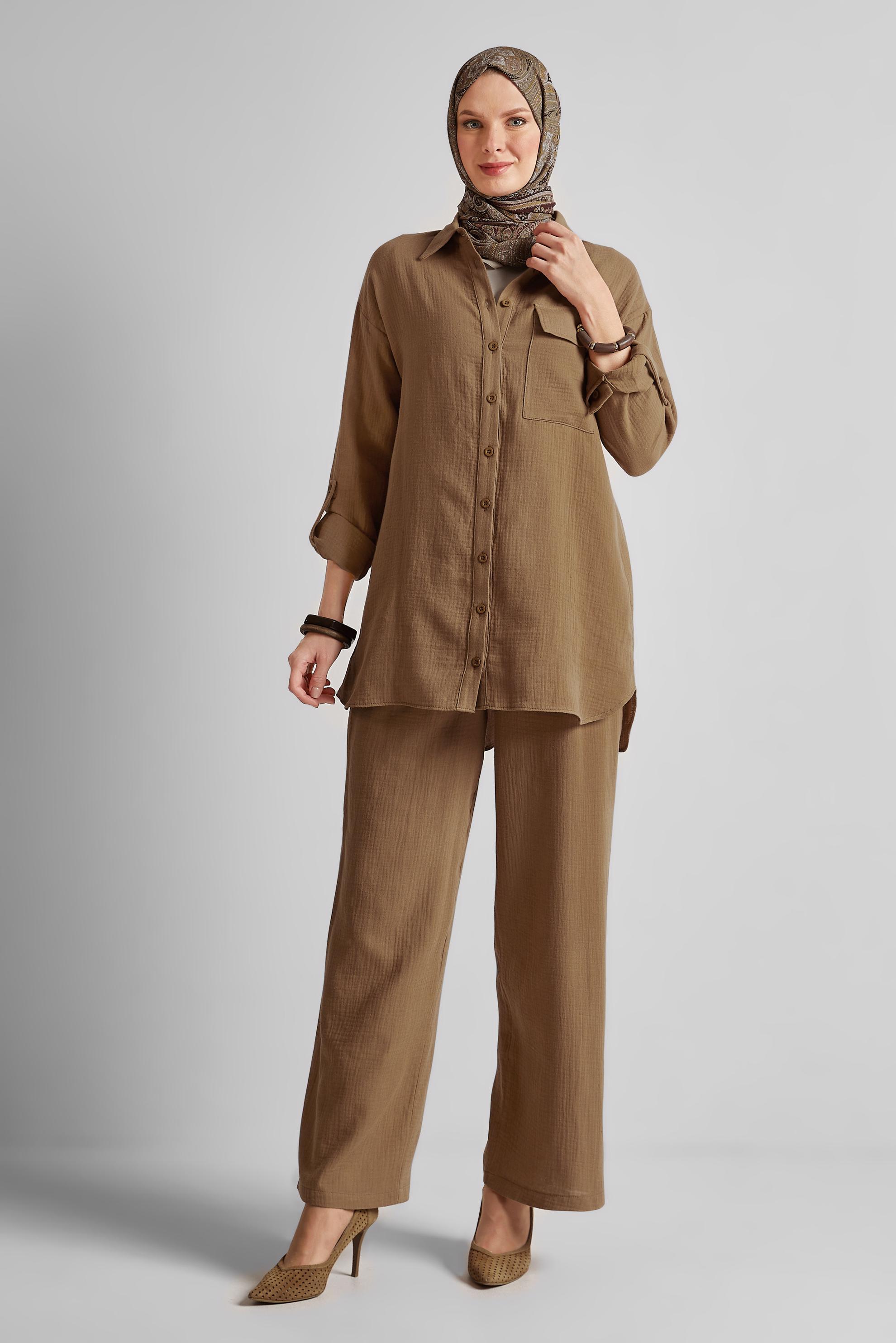 Tesettür giyim KAHVE PAMUKLU MÜSLİN PANTOLONLU TAKIM 45555