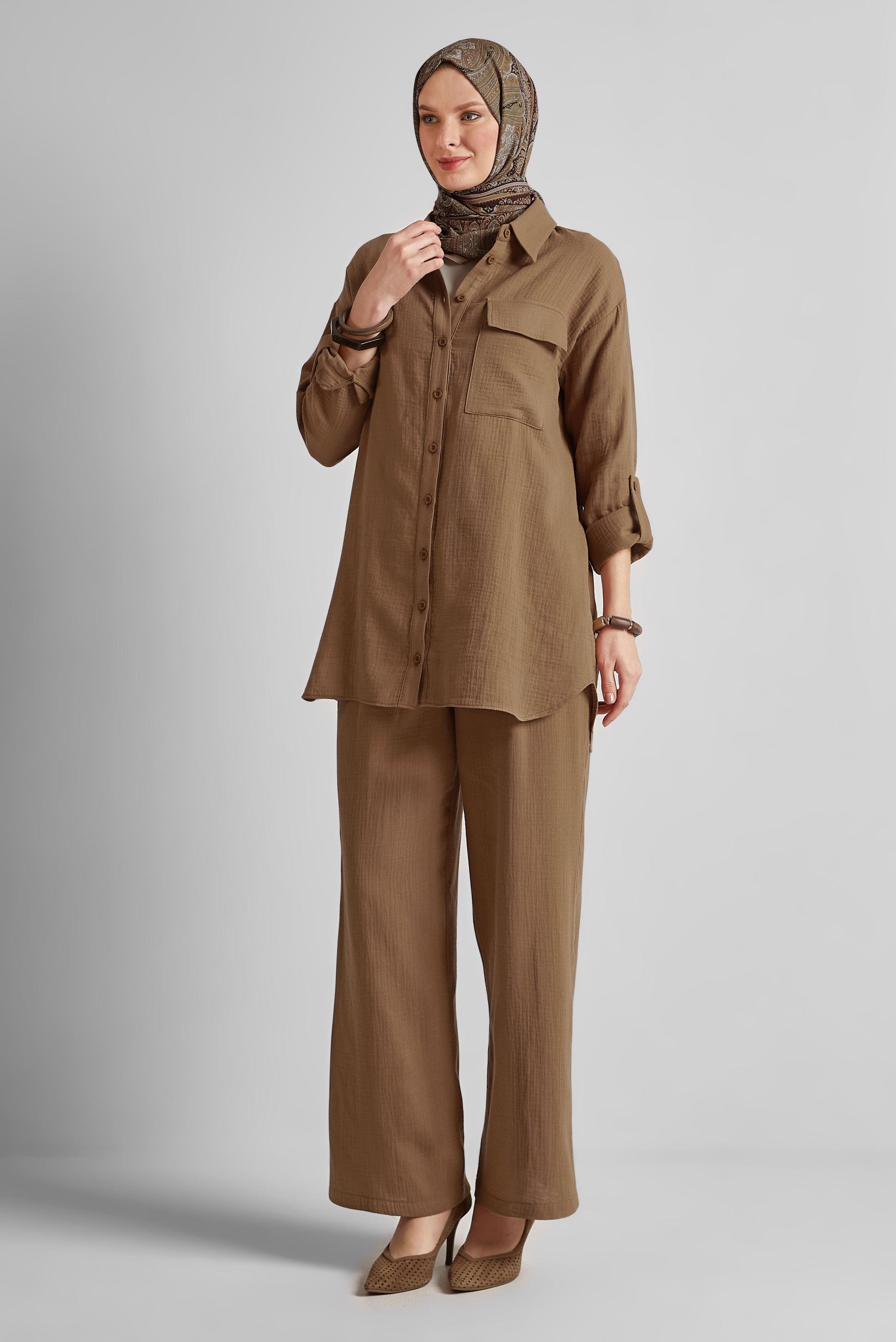 Tesettür giyim KAHVE PAMUKLU MÜSLİN PANTOLONLU TAKIM 45555
