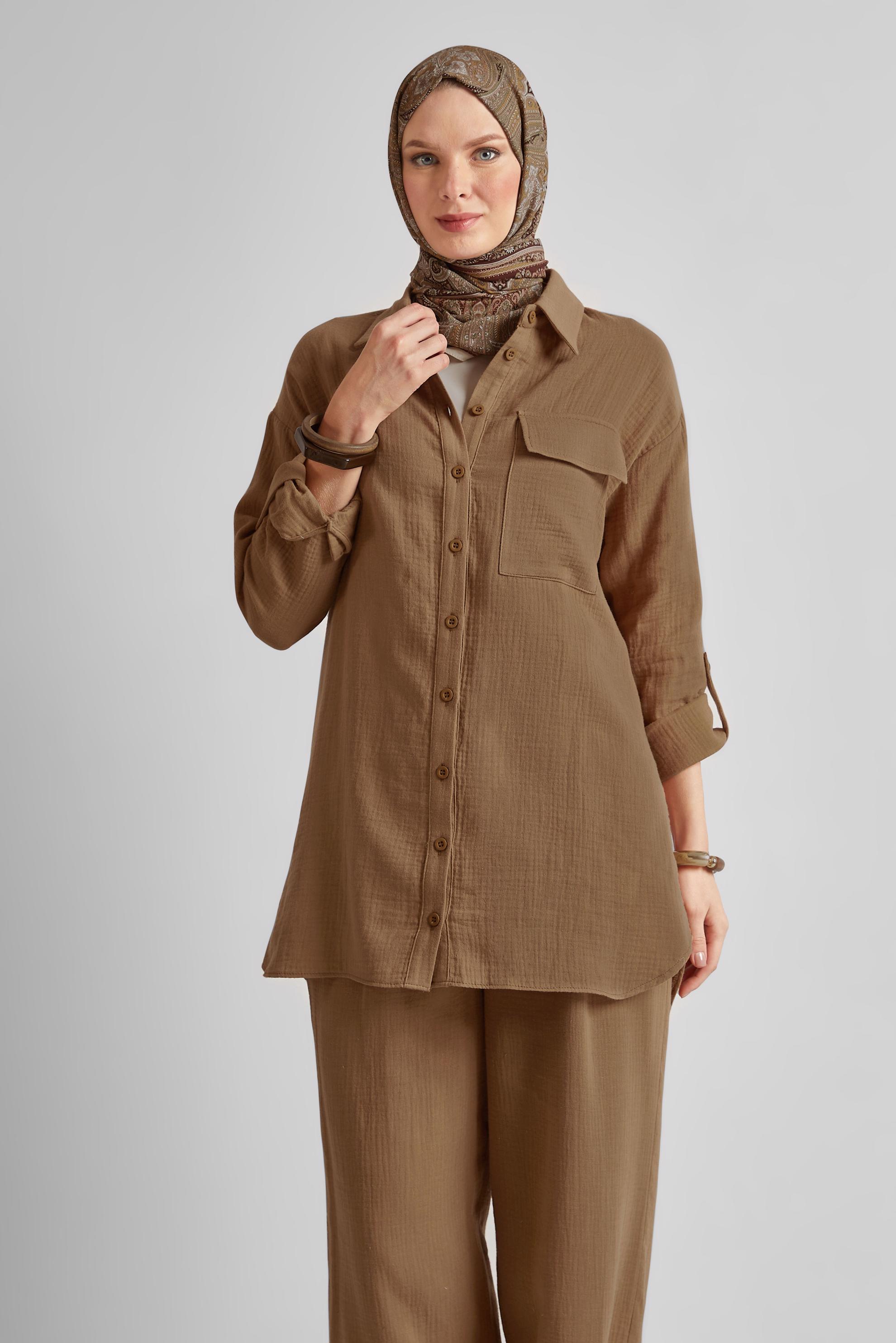 Tesettür giyim KAHVE PAMUKLU MÜSLİN PANTOLONLU TAKIM 45555