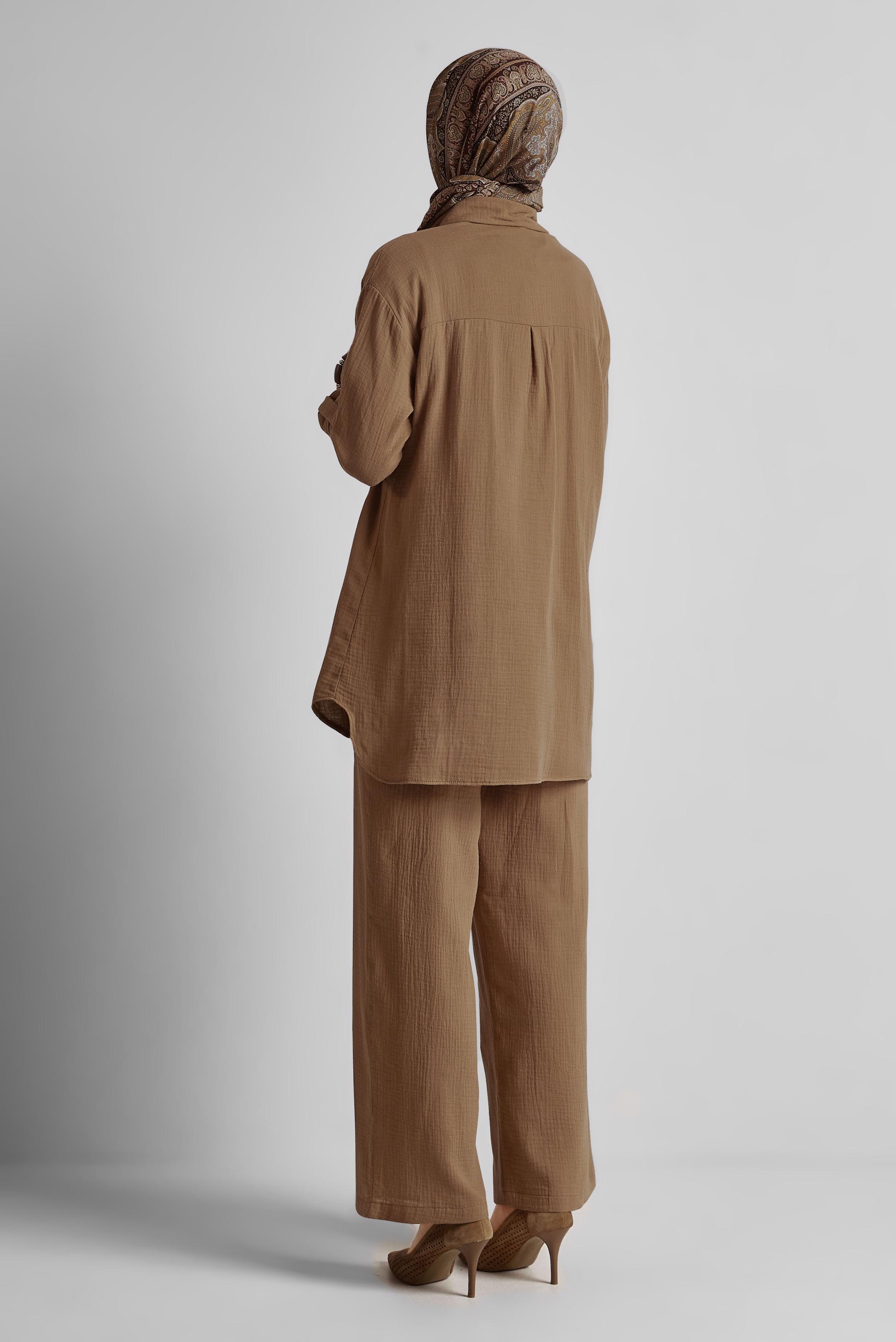 Tesettür giyim KAHVE PAMUKLU MÜSLİN PANTOLONLU TAKIM 45555