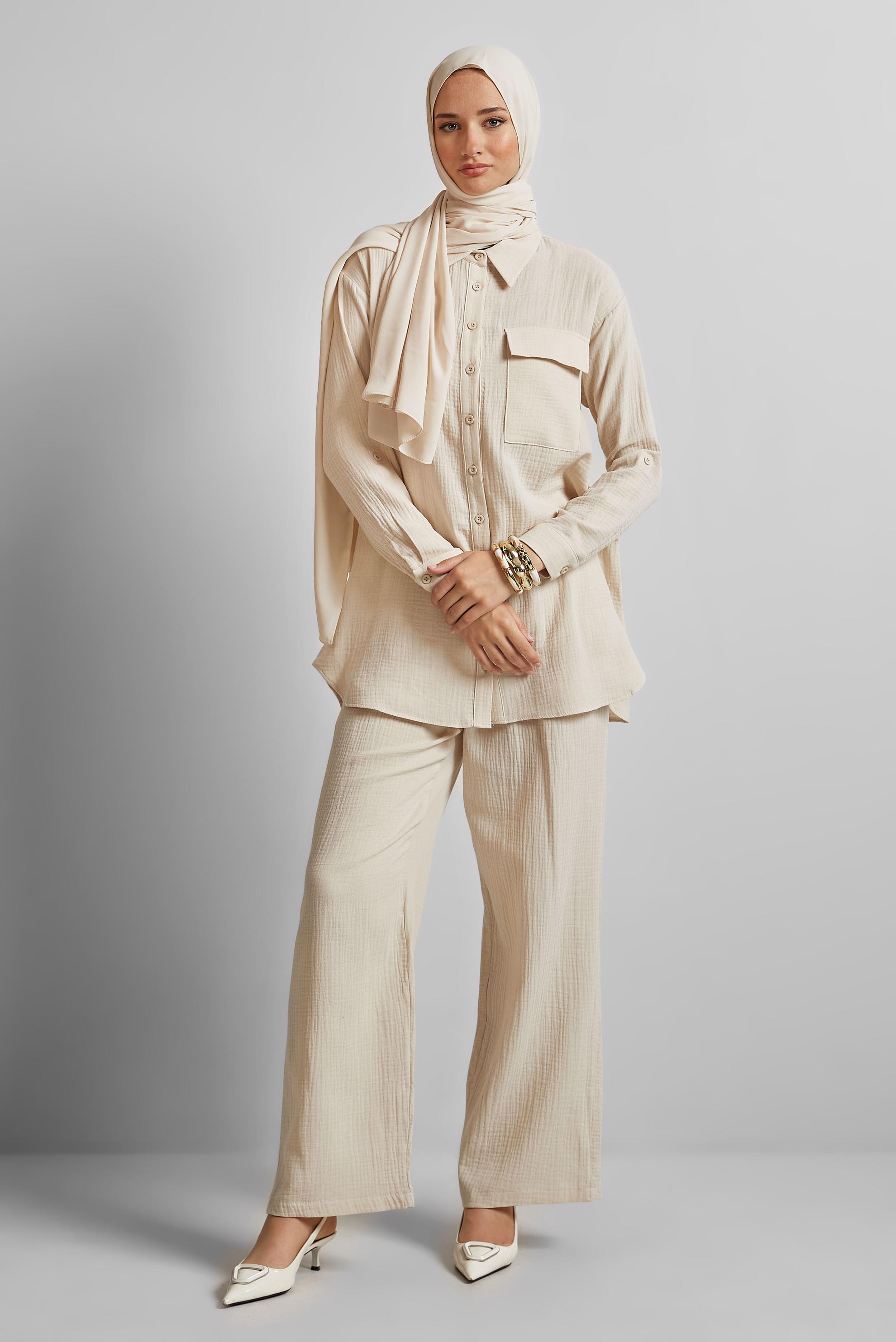 Vêtements hijab ÉCRUE COSTUME PANTALON EN MOUSSELINE DE COTON 45555