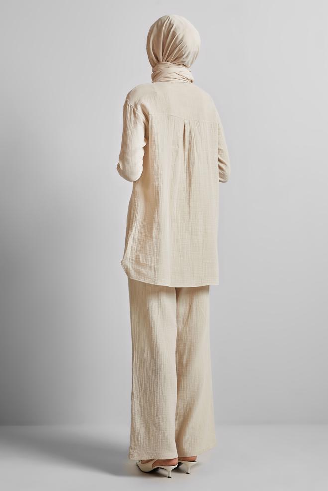 Tesettür giyim EKRU PAMUKLU MÜSLİN PANTOLONLU TAKIM 45555 - ALVİNA
