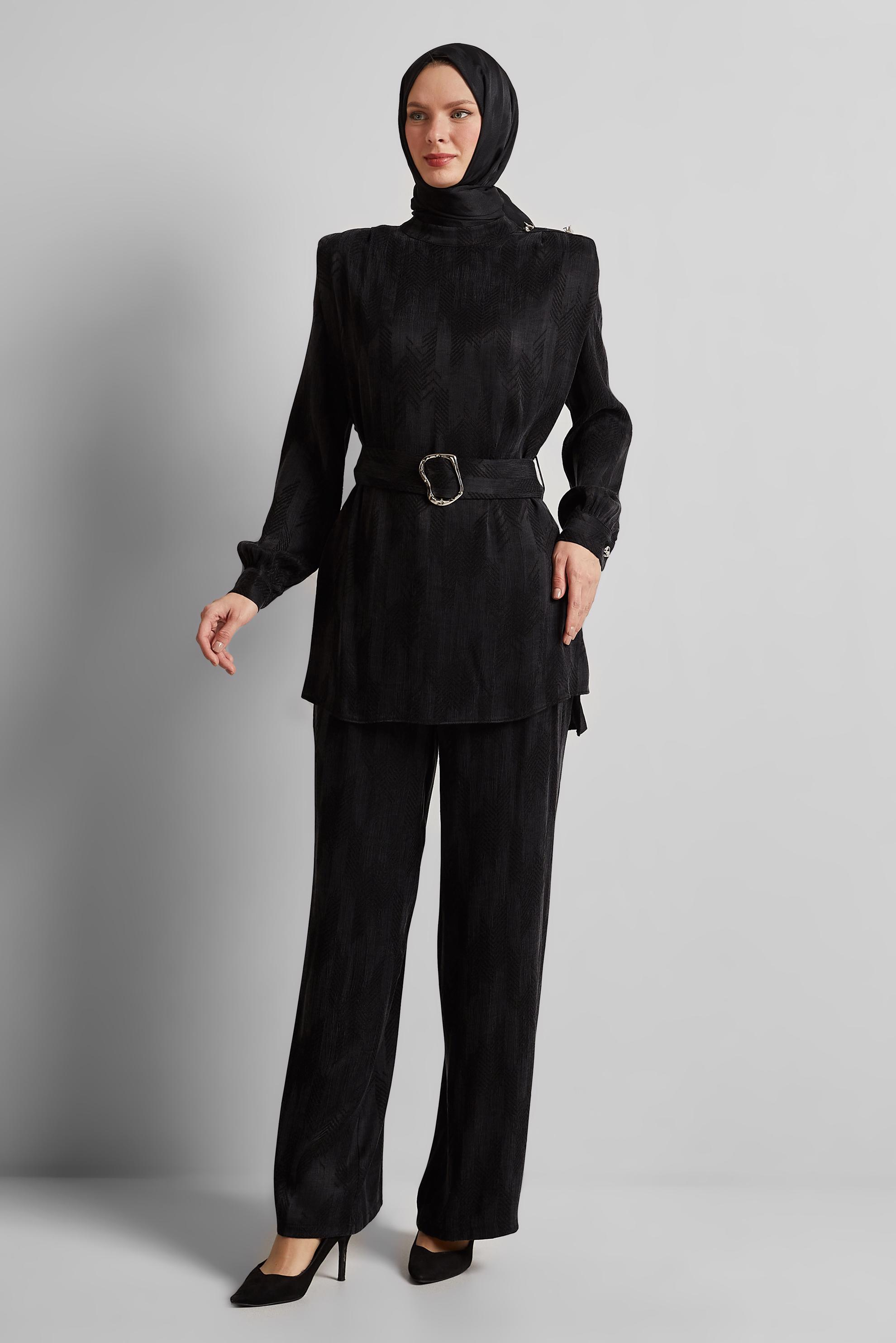 Tesettür giyim SİYAH KEMERLİ PANTOLONLU TAKIM 45566