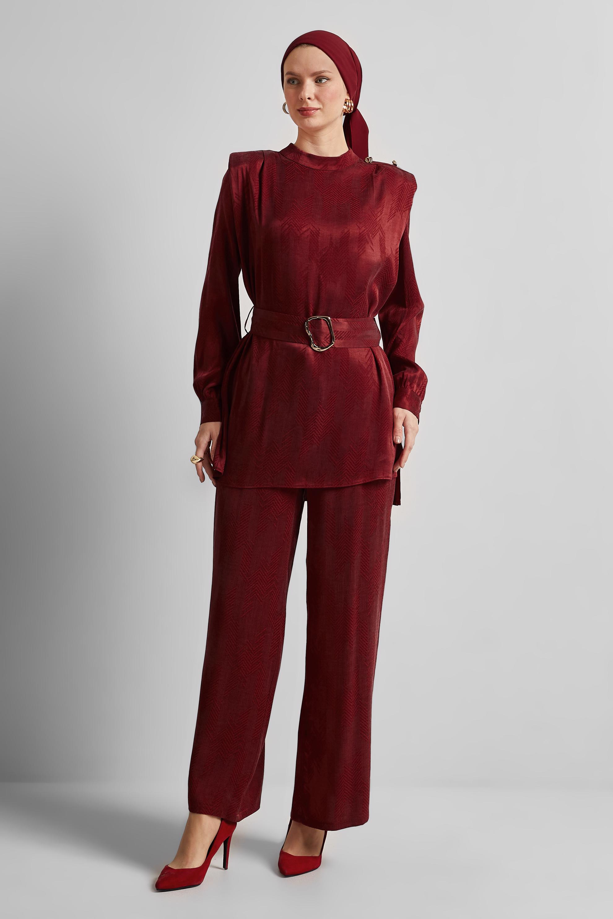 Hijab clothing CLARET RED BELTED PANTS SUIT 45566