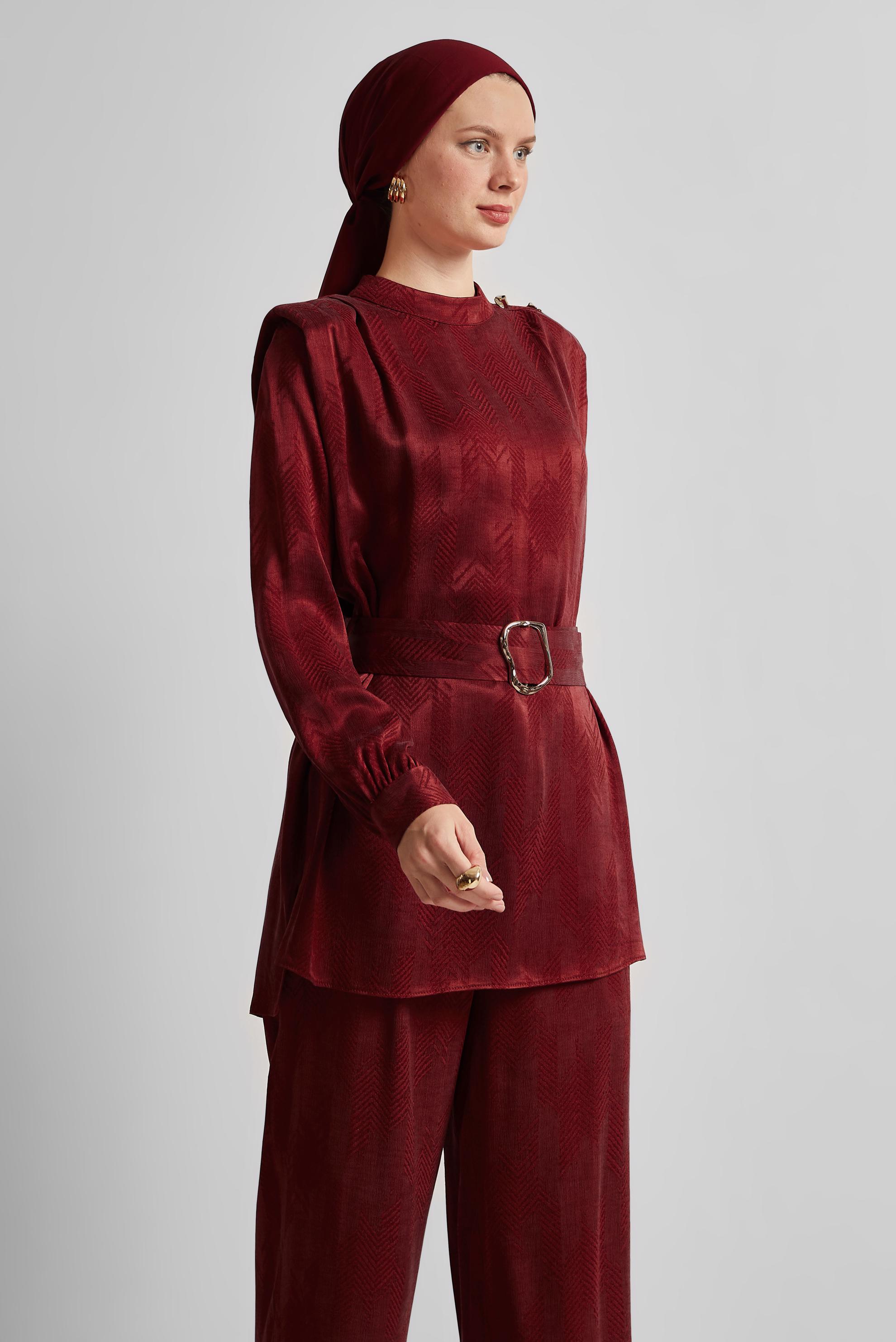Hijab clothing CLARET RED BELTED PANTS SUIT 45566