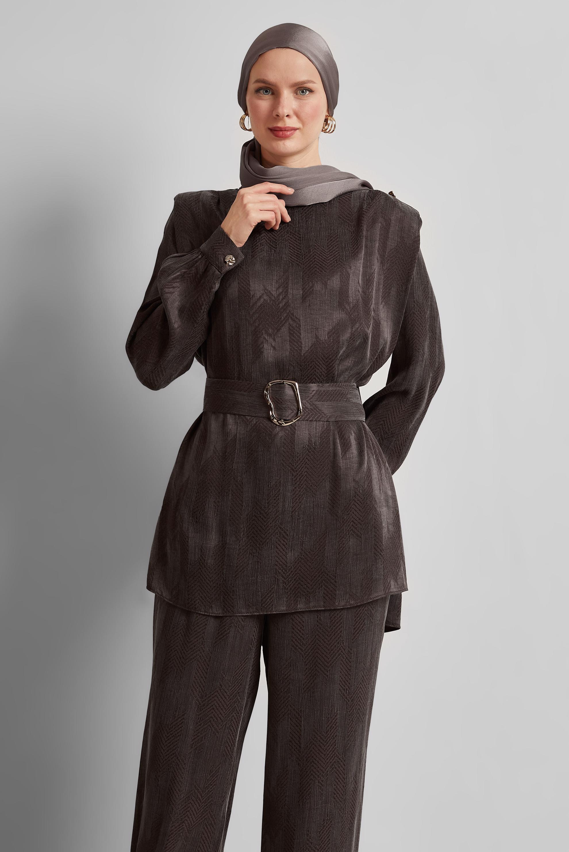 Tesettür giyim KAHVE KEMERLİ PANTOLONLU TAKIM 45566