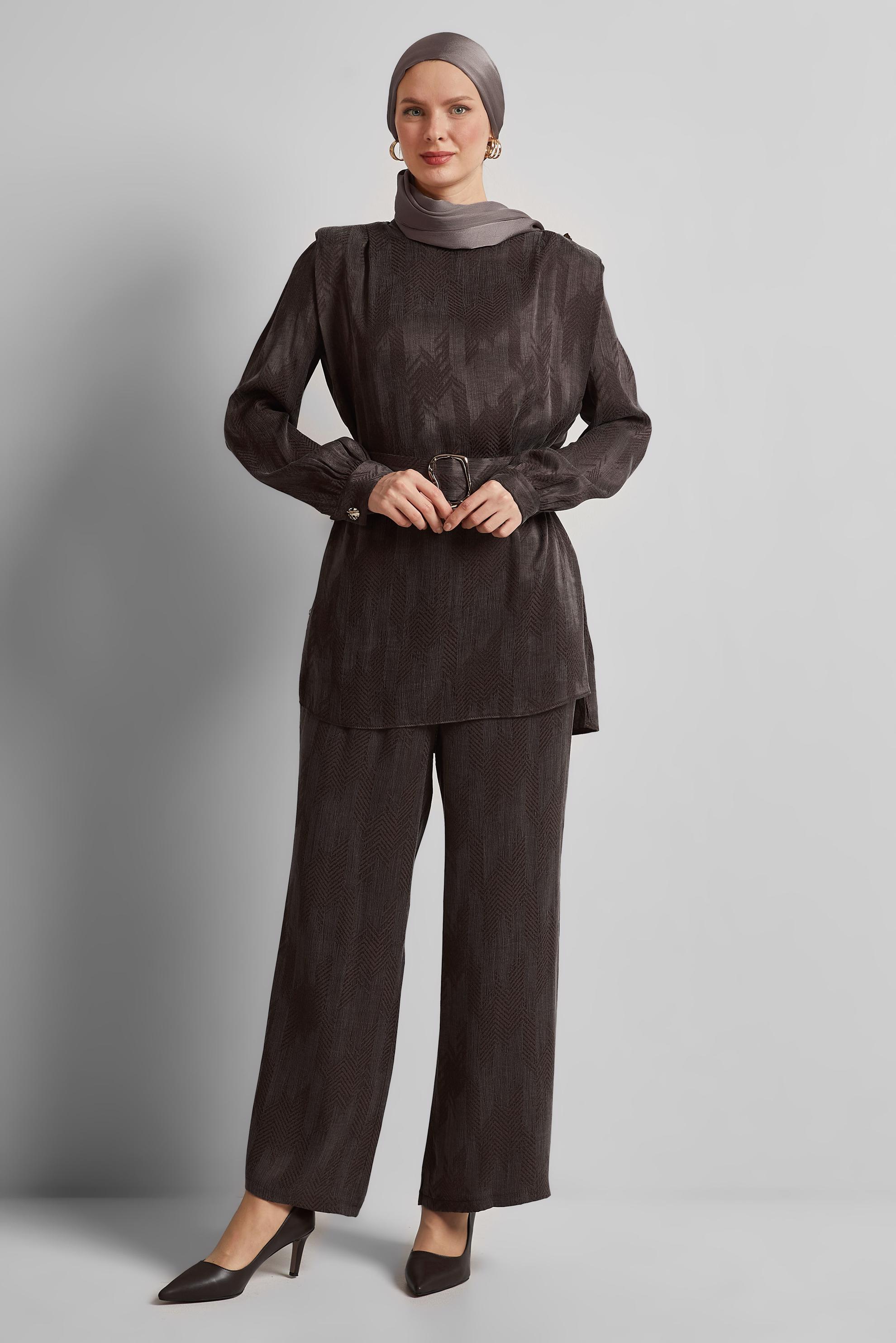 Tesettür giyim KAHVE KEMERLİ PANTOLONLU TAKIM 45566