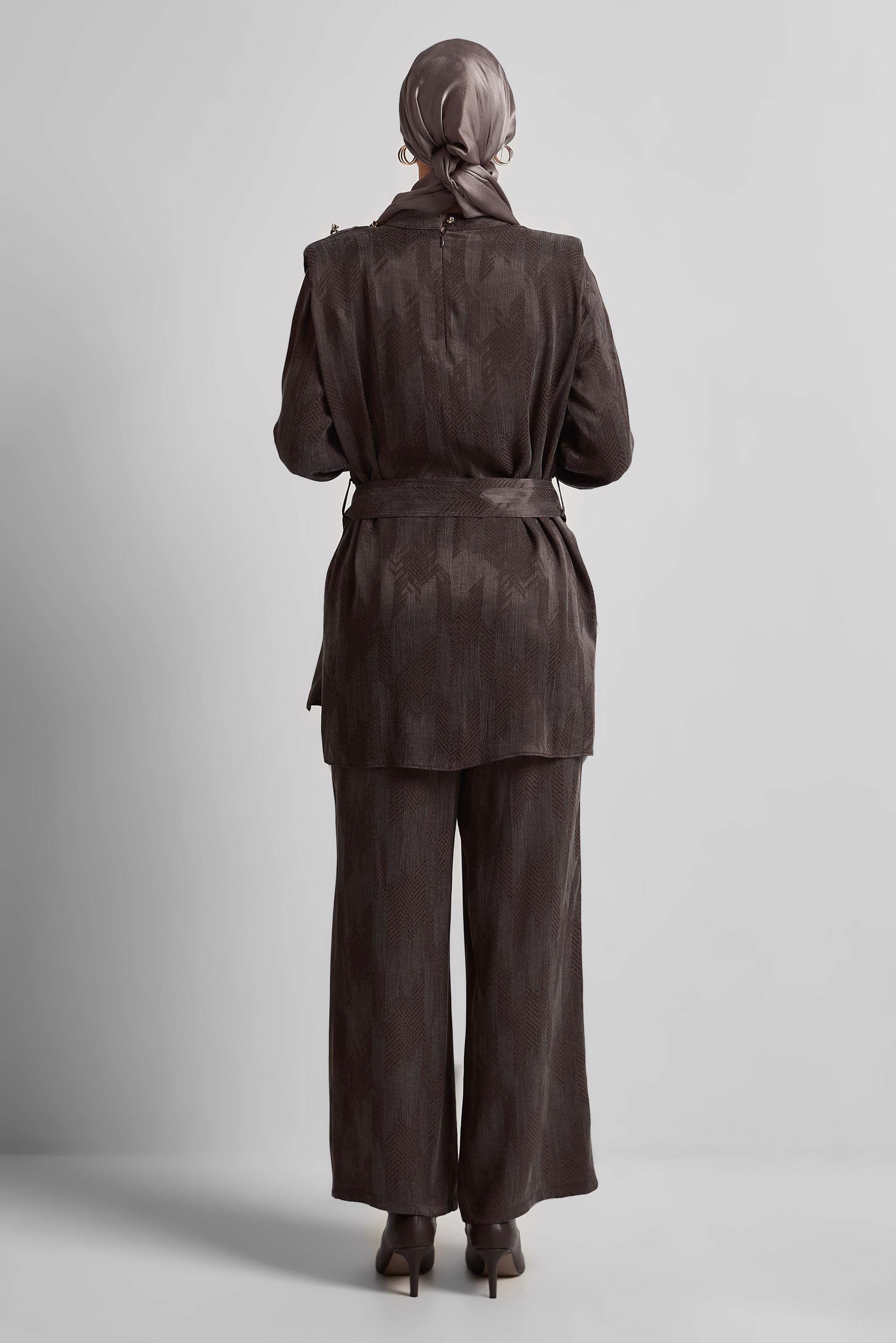 Tesettür giyim KAHVE KEMERLİ PANTOLONLU TAKIM 45566