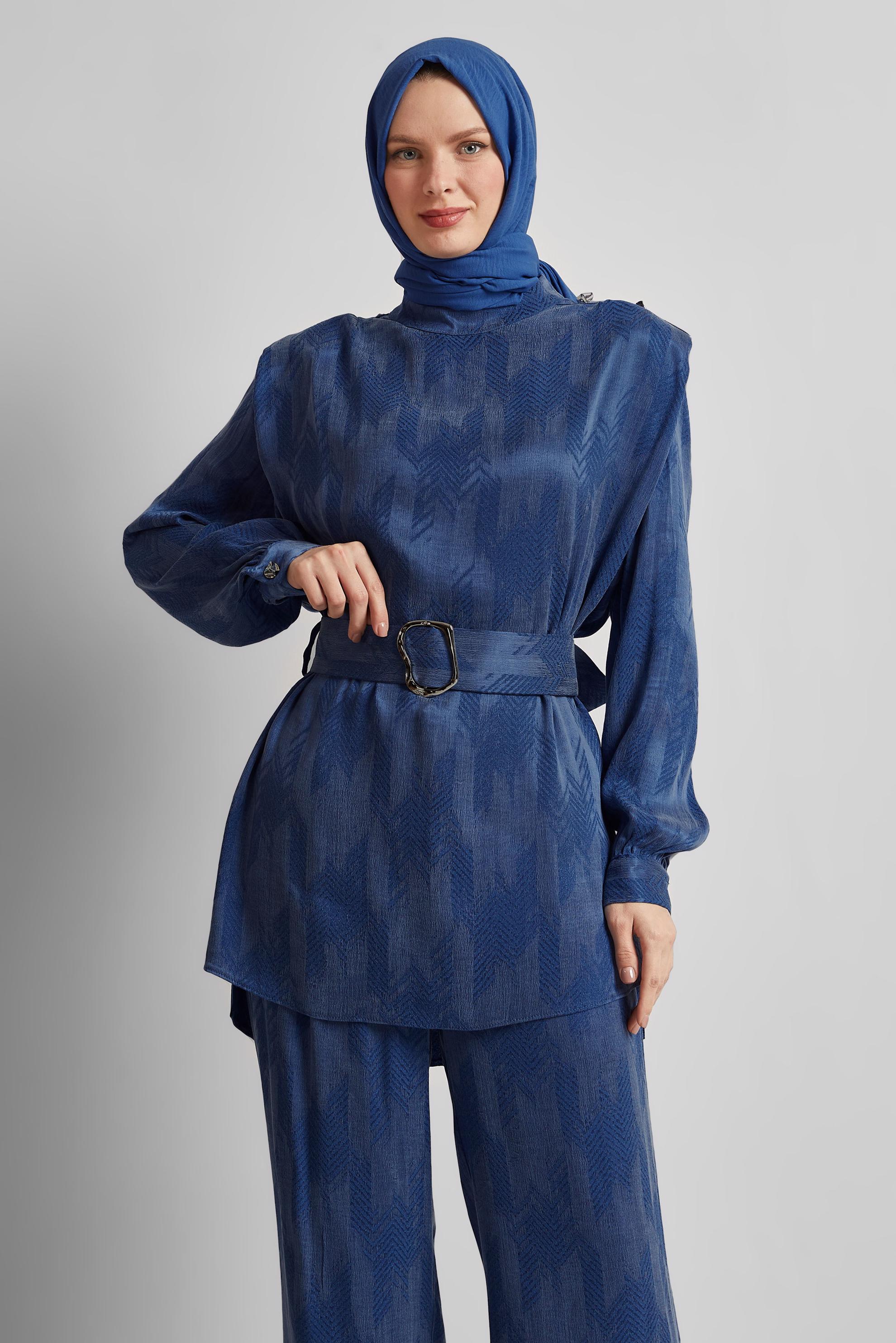 Tesettür giyim LACİVERT KEMERLİ PANTOLONLU TAKIM 45566
