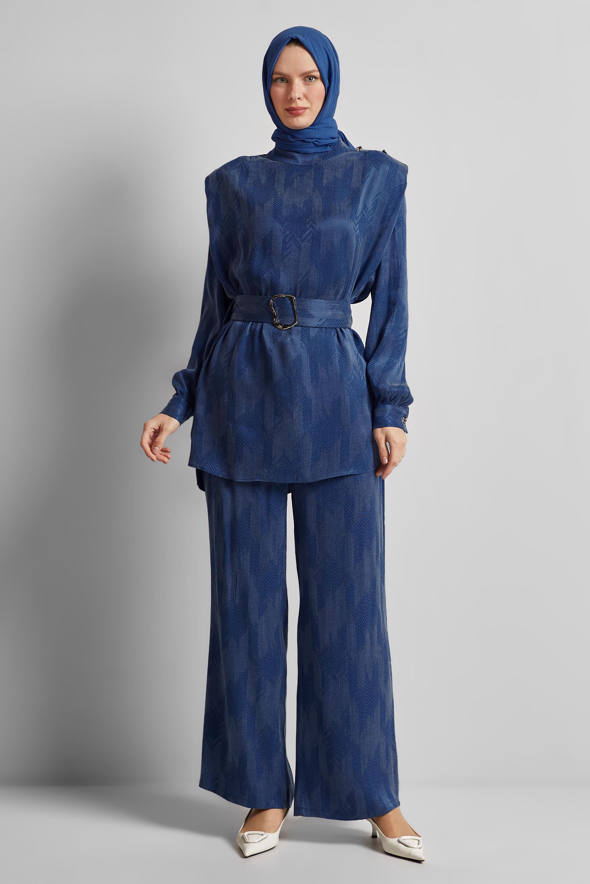 Tesettür giyim LACİVERT KEMERLİ PANTOLONLU TAKIM 45566