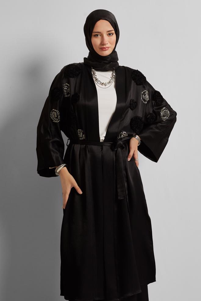 Tesettür giyim SİYAH KUŞAKLI PANTOLONLU TAKIM 45579 - ALVİNA