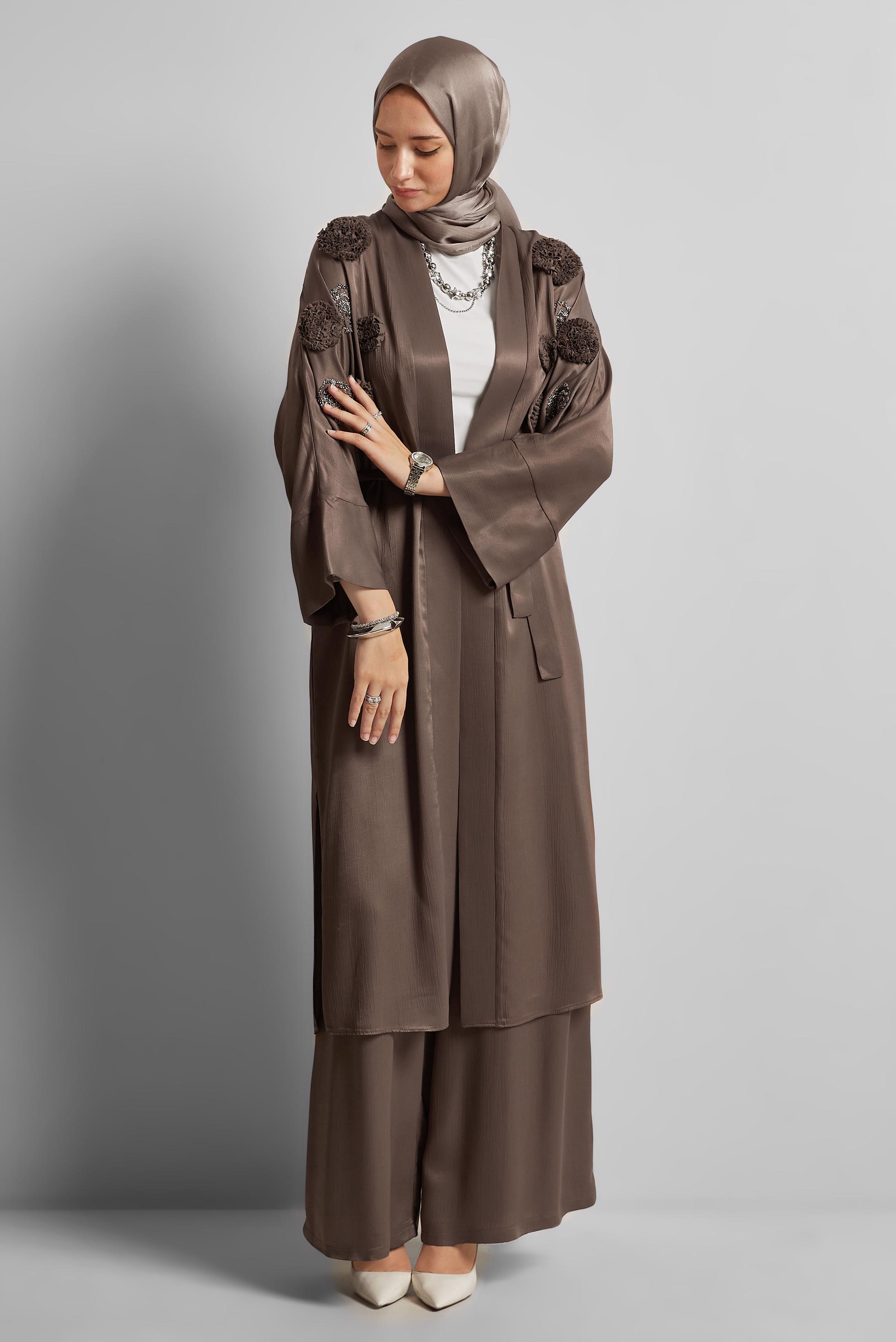 Tesettür giyim KAHVE KUŞAKLI PANTOLONLU TAKIM 45579