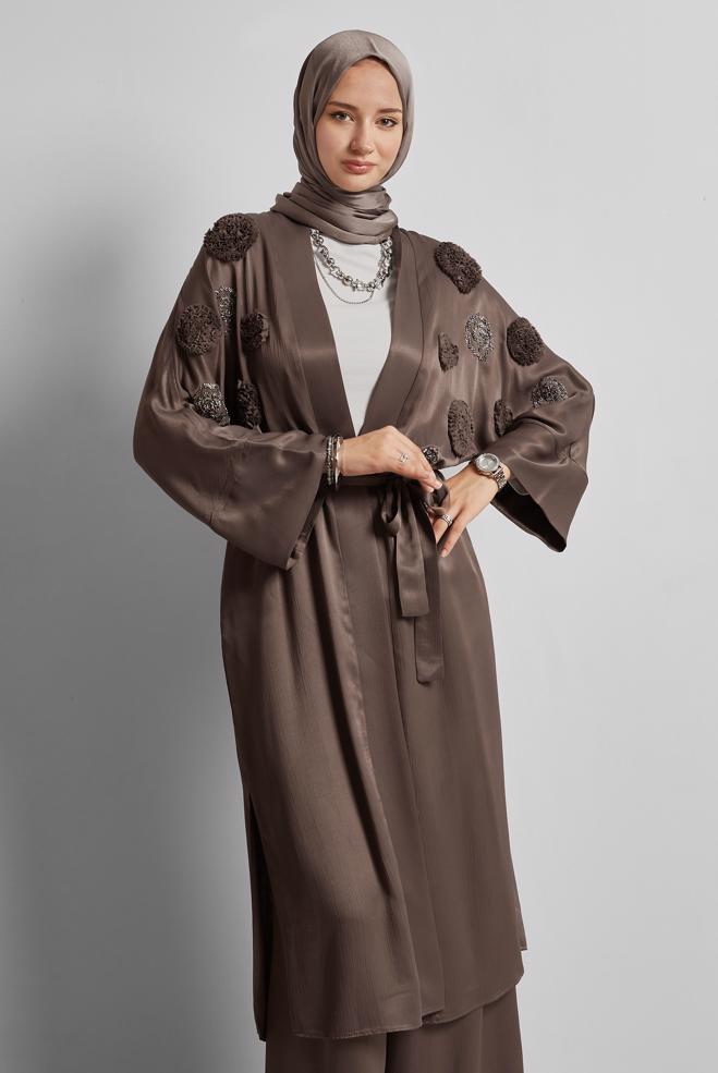 Tesettür giyim KAHVE KUŞAKLI PANTOLONLU TAKIM 45579 - ALVİNA