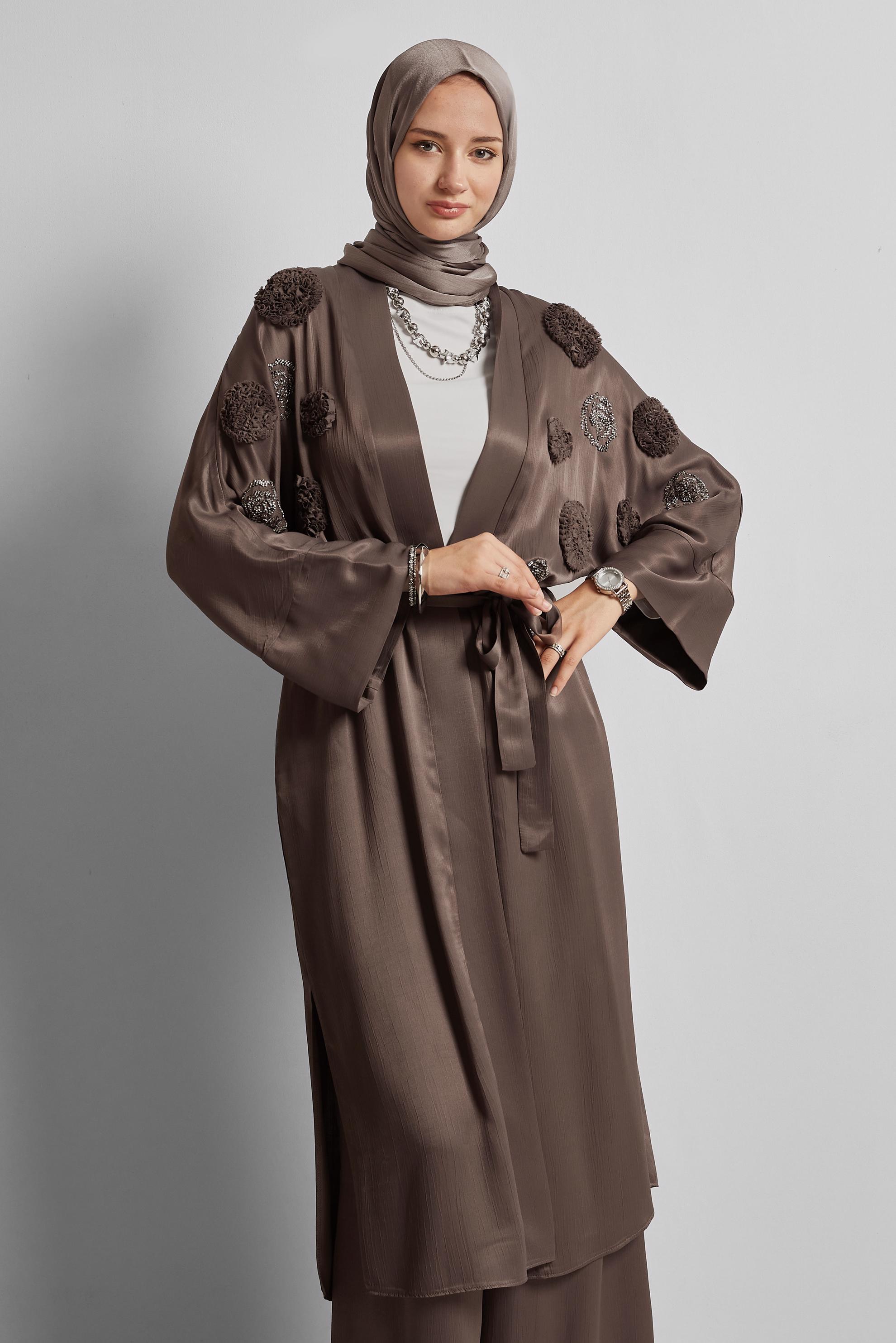 Tesettür giyim KAHVE KUŞAKLI PANTOLONLU TAKIM 45579